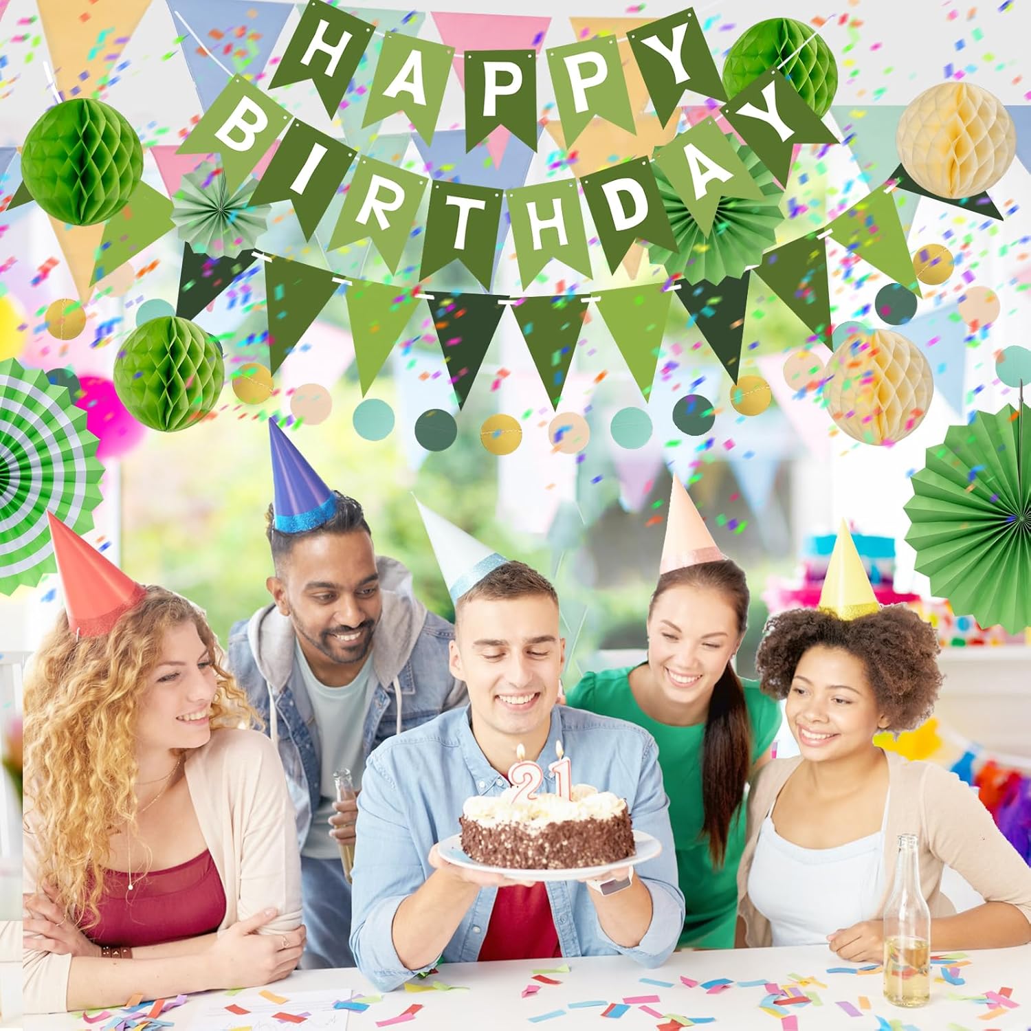 Thumbnail 6 de Meowoo Geburtstagsdeko in Grün – Happy Birthday Girlande mit Wimpelkette, Papierfächern & Wabenblumen (wiederverwendbar)