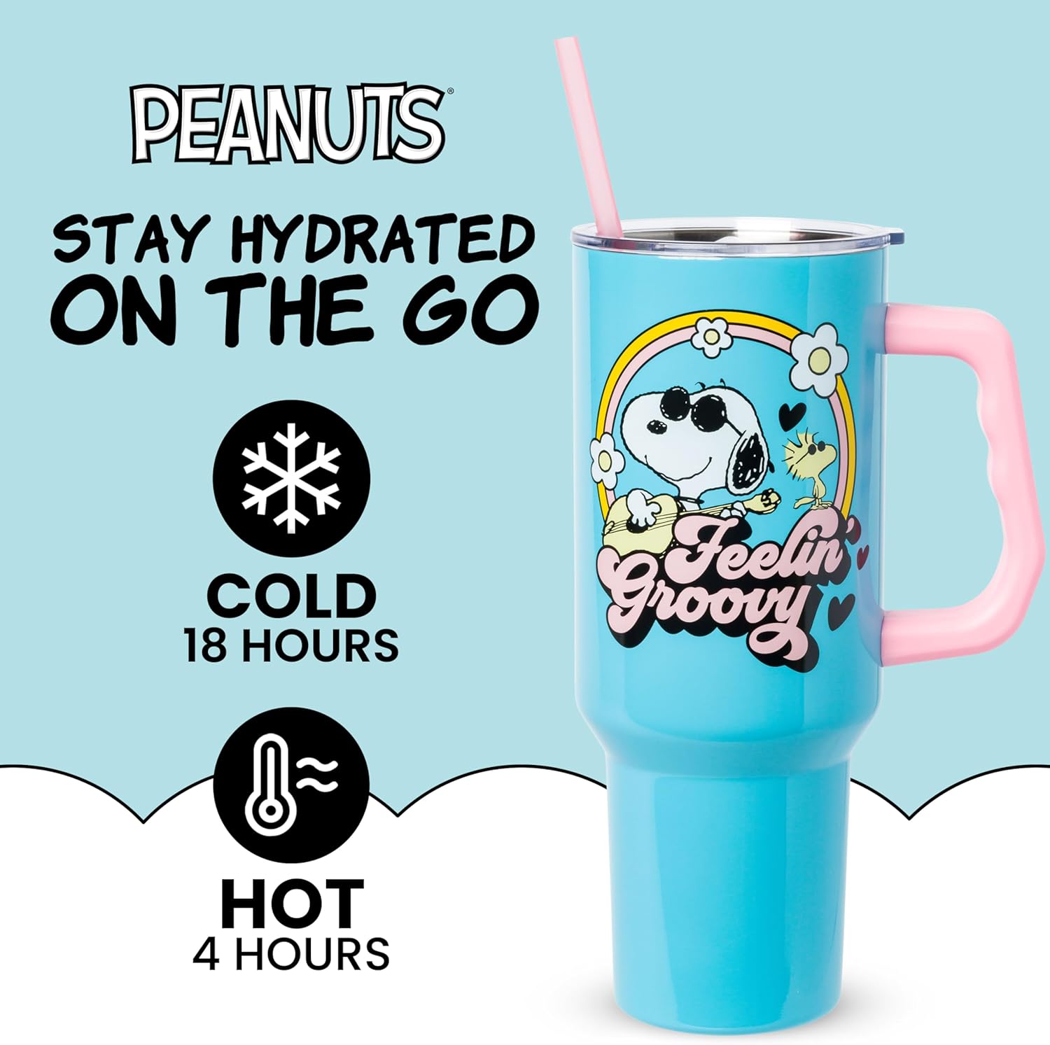 Detalle 2 de Silver Buffalo Peanuts Feelin' Groovy 40 oz Stainless Steel Tumbler with Handle and Straw
