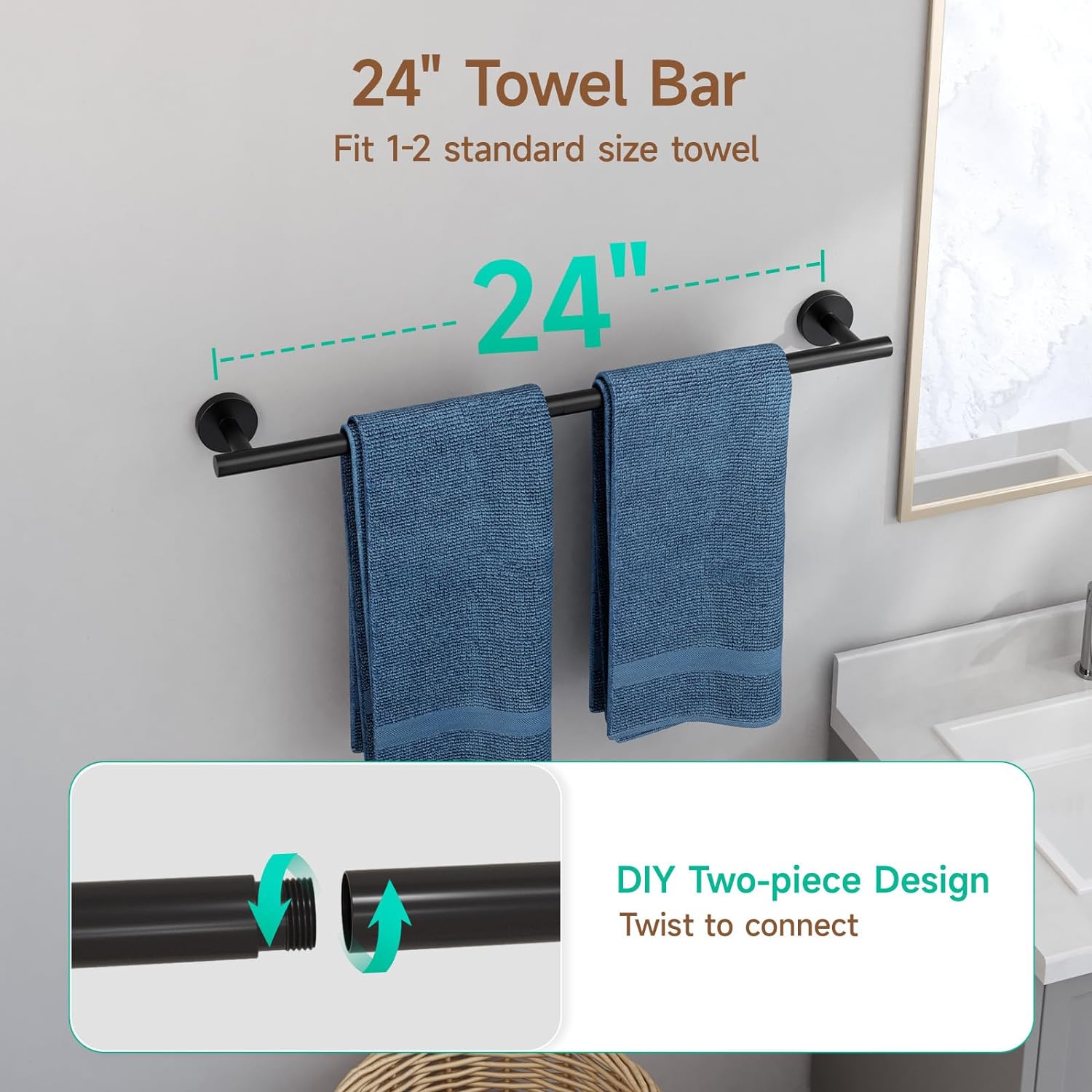Detalle de USHOWER 00BBA180_AM33US01 Bathroom Hardware Set, Matte Black, 24-Inch Towel Bar