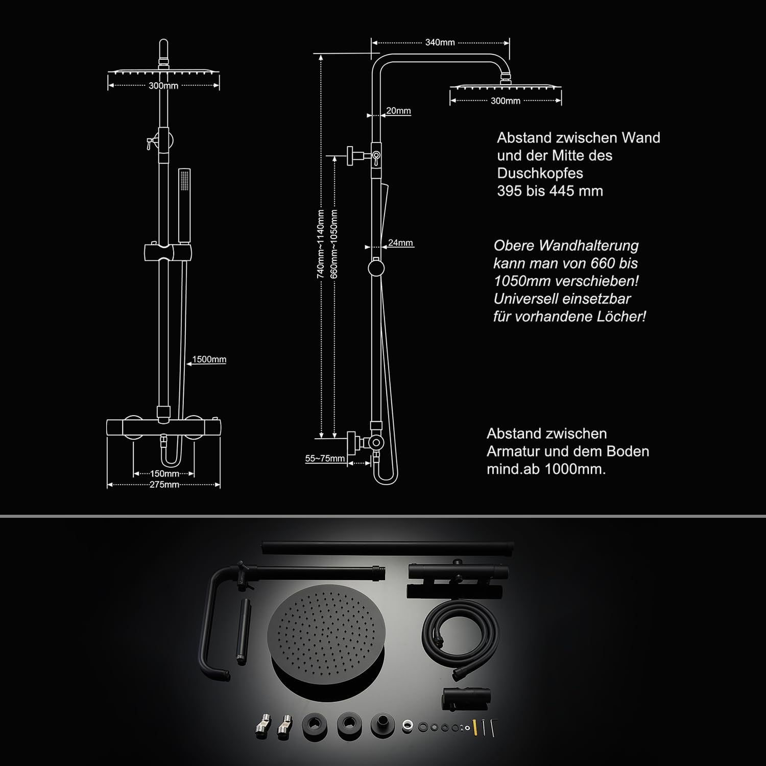 Detalle de JOHO Colonna Doccia in Acciaio INOX con Miscelatore Termostatica e Set Doccia a Pioggia da 30 cm Nero