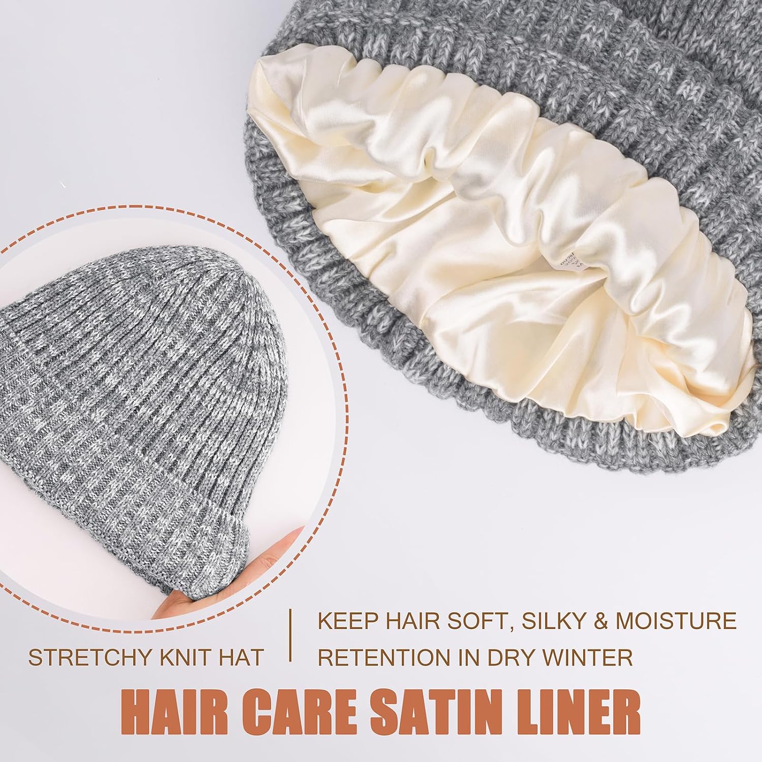 Detalle de DRESHOW Satin Lined Beanie Hats for Women and Men – Soft, Warm Knit with Silk Satin Lining (3-Pack)