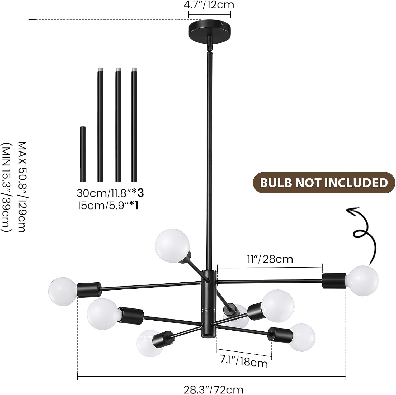 Detalle de KAISITE KST-8006PL-8BK-US 8-Light Sputnik Chandelier, Adjustable Height
