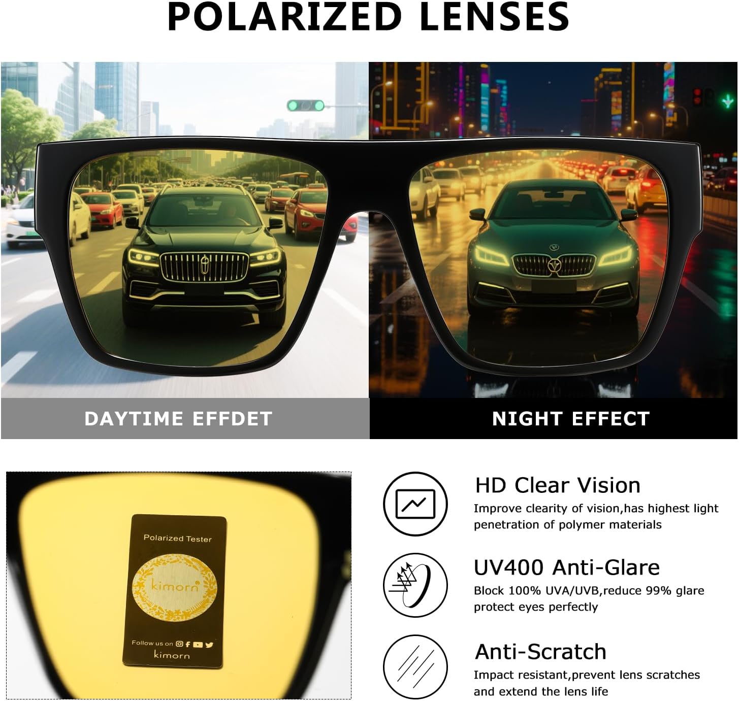 Detalle de Kimorn Night Vision Driving Glasses – Fit Over Glasses, Yellow Tint, Anti-Glare (Oversized)