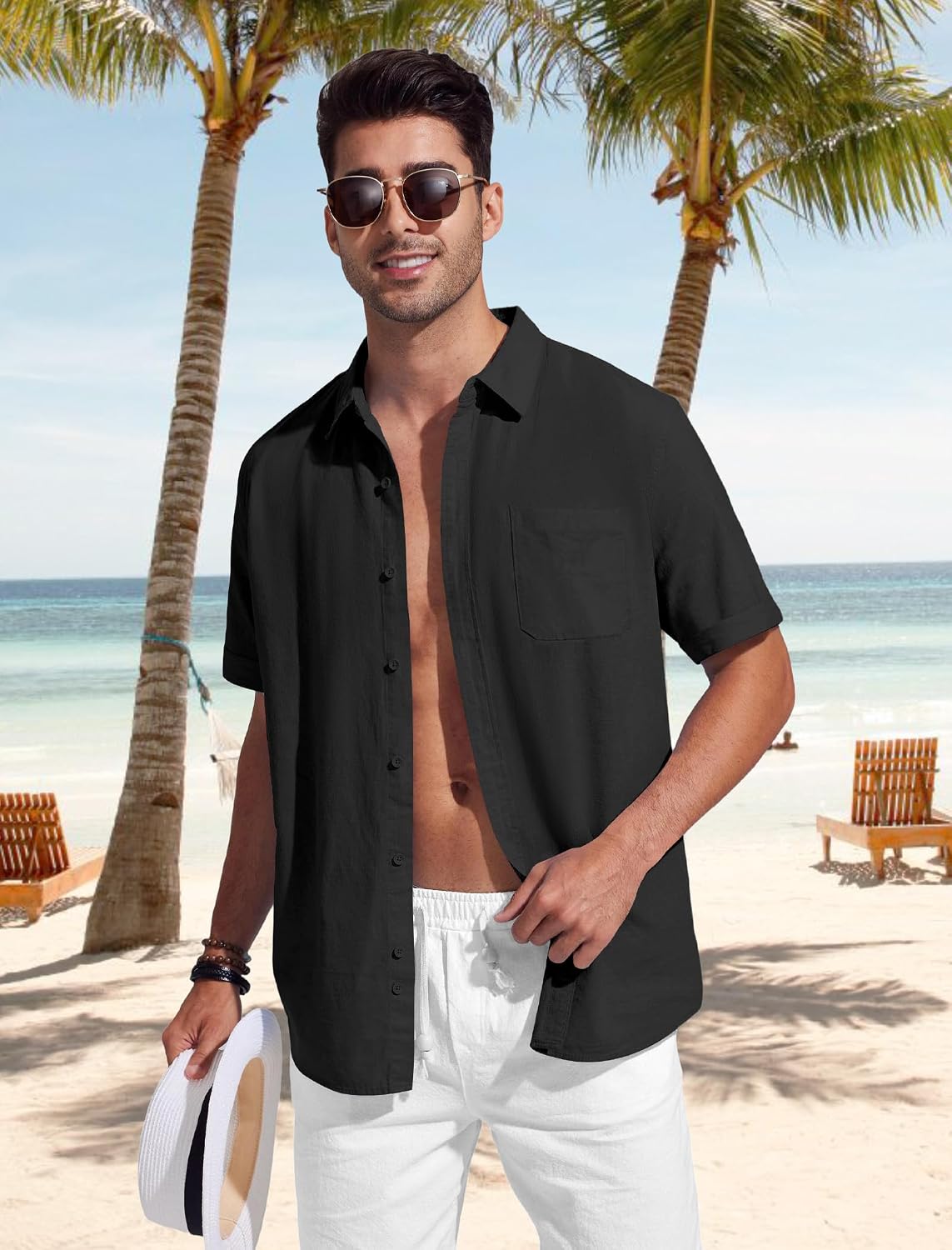 Detalle de Friptspyg Chemise en coton et lin à manches courtes pour homme avec poches et boutons cachés