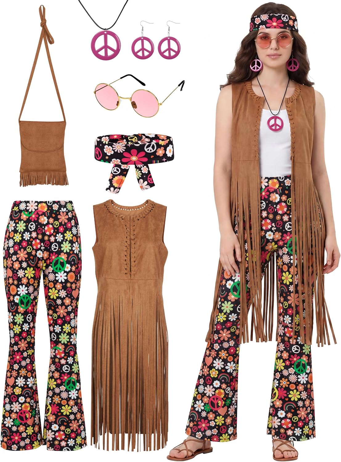 SOMSOC 7-Piece Women's 60s & 70s Hippie Costume Set with Fringe Vest