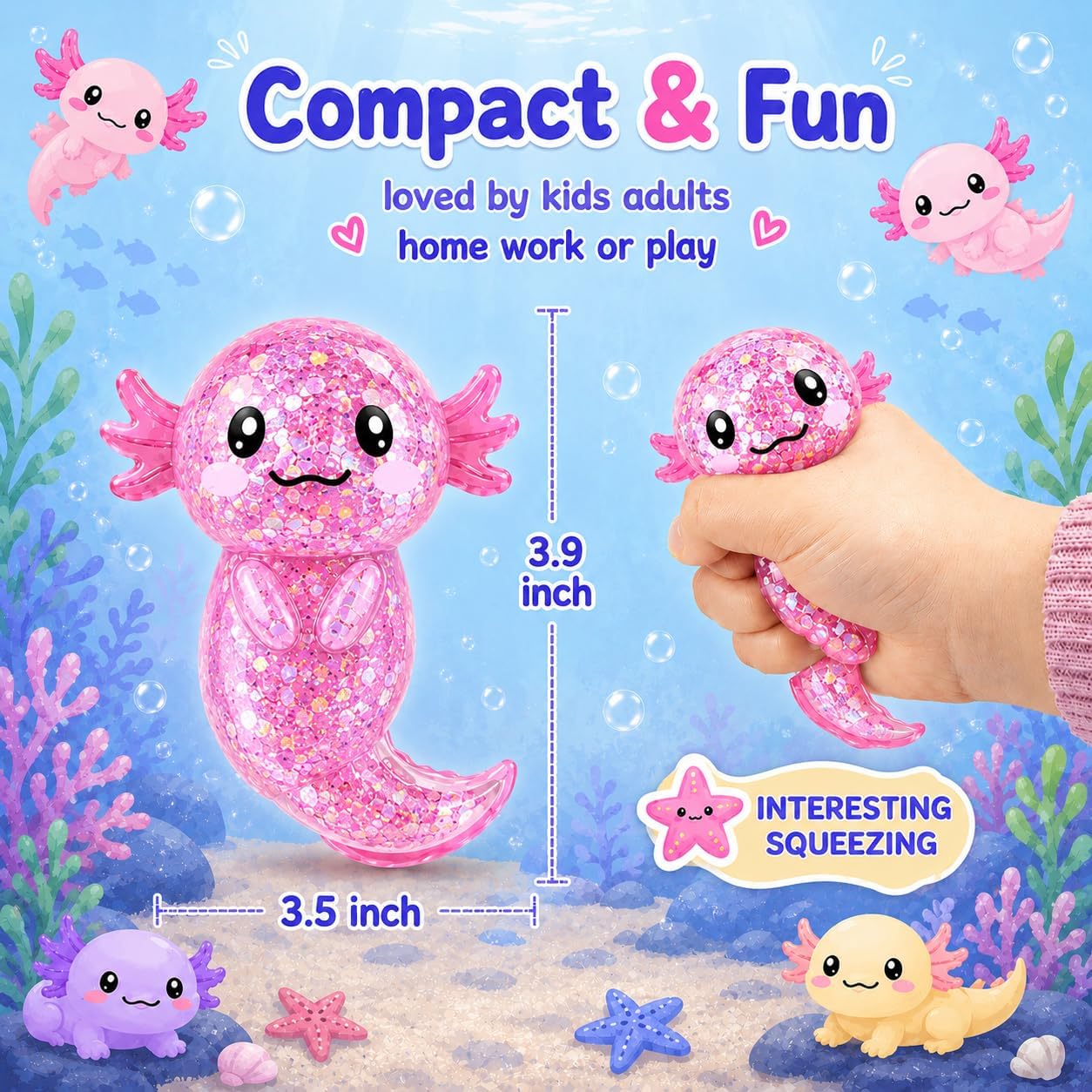 Detalle de Axolotl Squishy Stress Relief Toy — Glittery Fidget Squishies for Kids and Adults