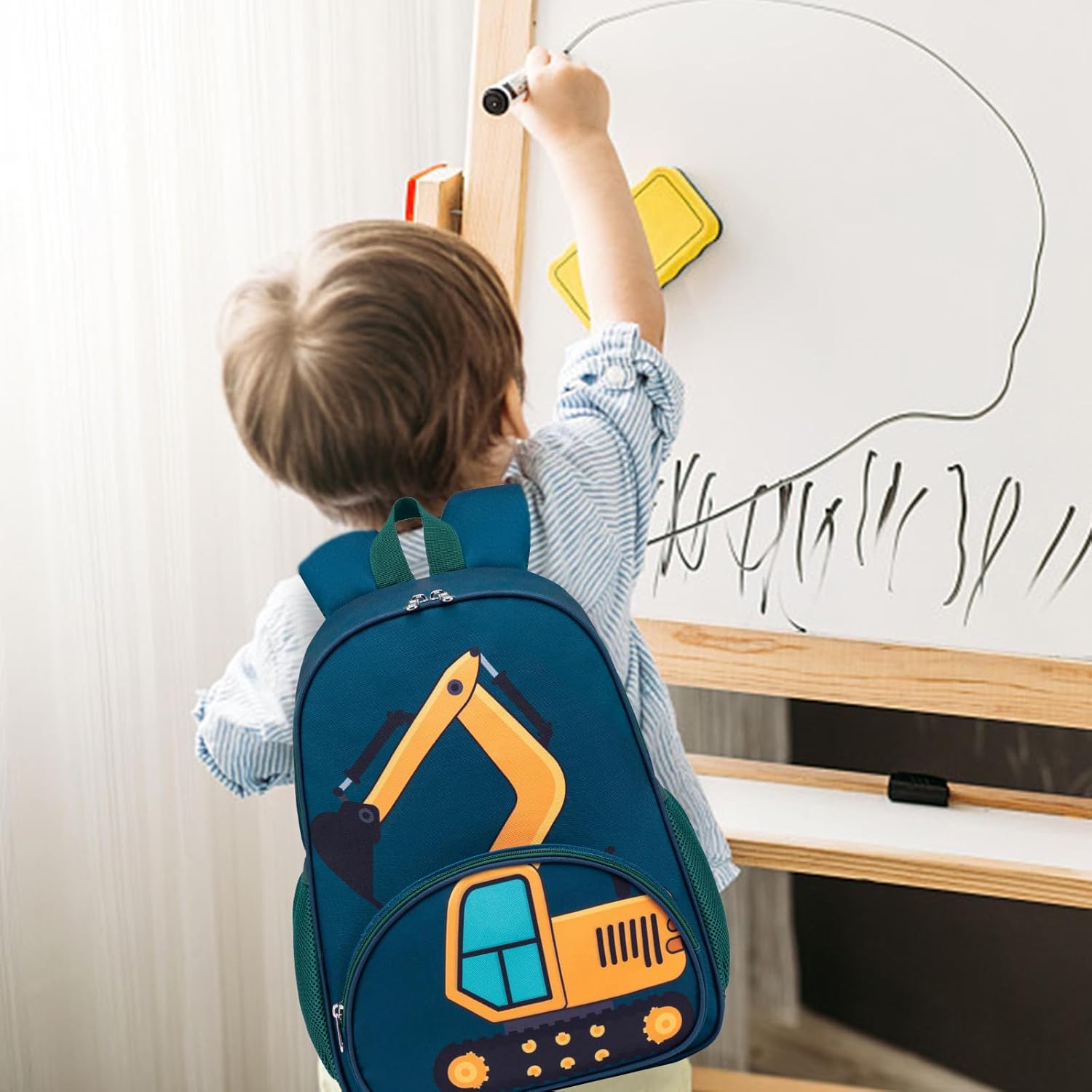 Detalle de LOIDOU Kinderrucksack Jungen 38 cm – Vorschul-Tagesrucksack mit Dinosaurier-, Hai- und Auto-Motiv
