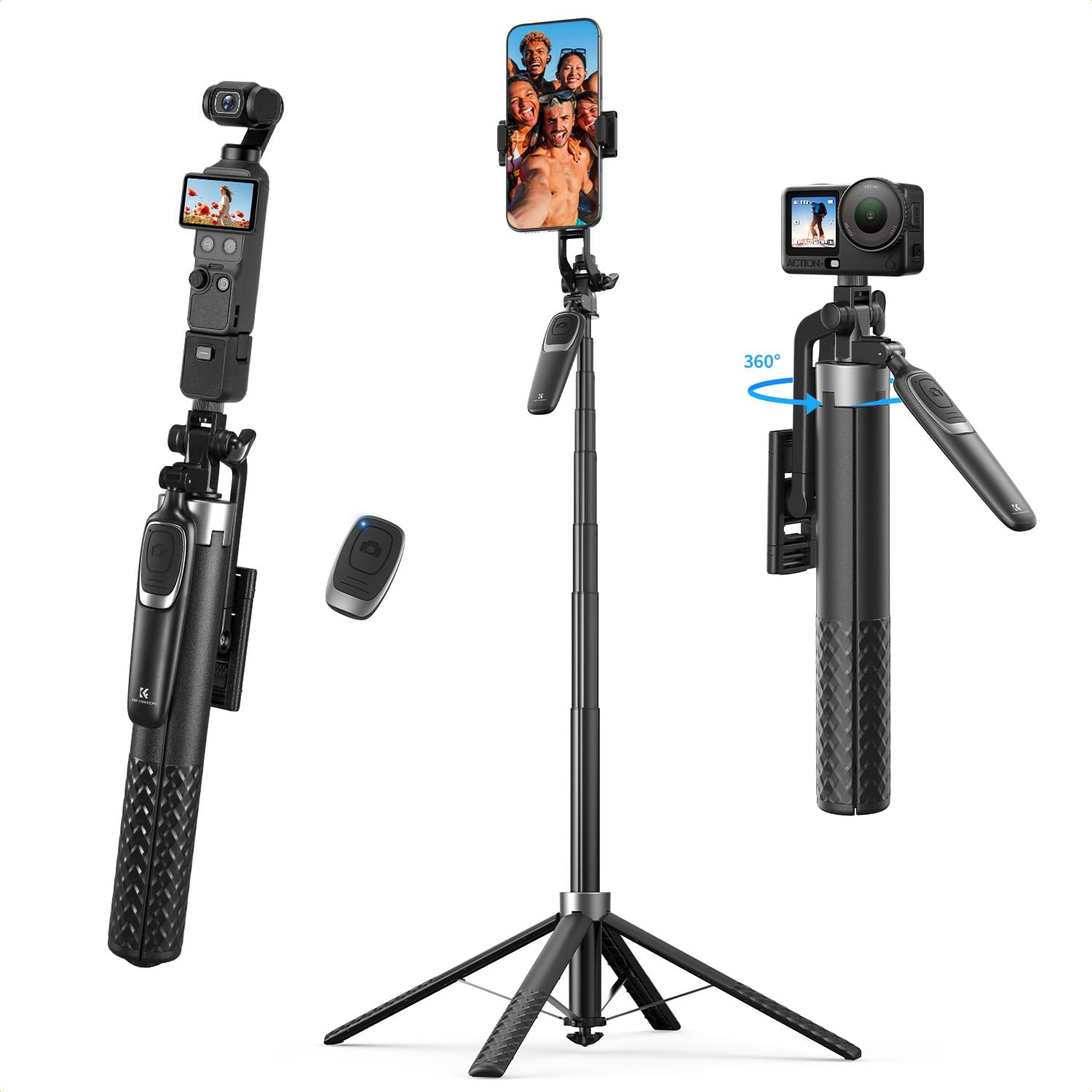 Detalle de K&F CONCEPT Selfie Stick 180 cm Selbstausfahrend – Vierbein-Stabilität, 360°-Klemme und Bluetooth Fernbedienung