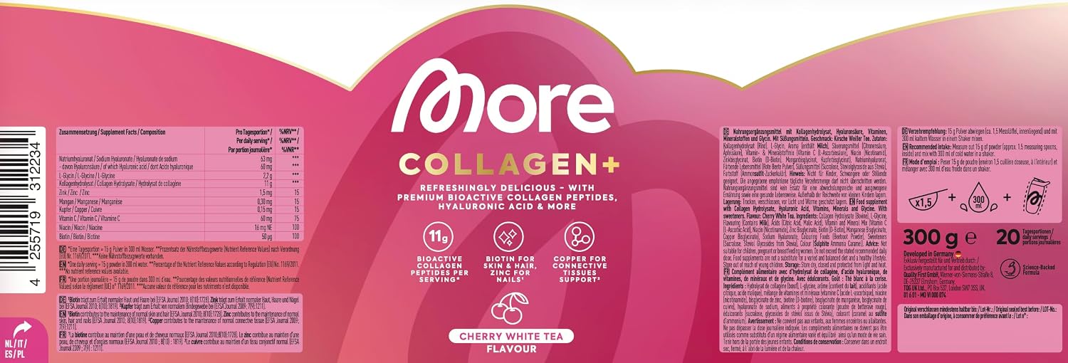 Detalle de MORE Collagen+ Cherry White Tea – Kollagenpeptide mit Hyaluronsäure, Vitaminen und Glycin