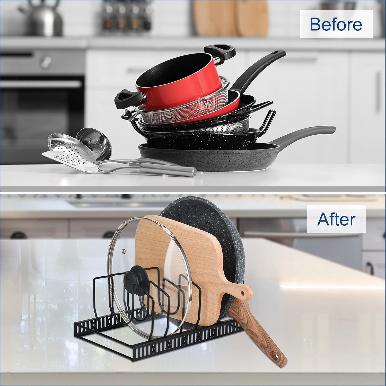 Detalle de Toplife Pot Lids Organizer Rack: 7-Compartment Lid & Bakeware Storage
