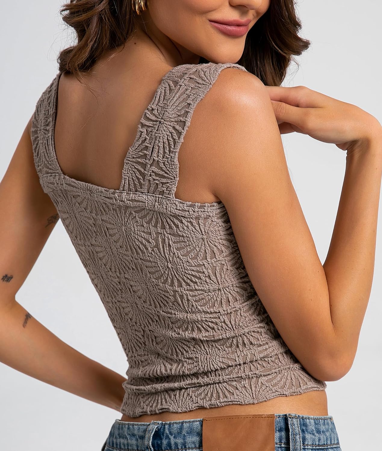 Thumbnail 1 de Women's Square Neck Wide Strap Crop Tank Tops with Flower Embroidery