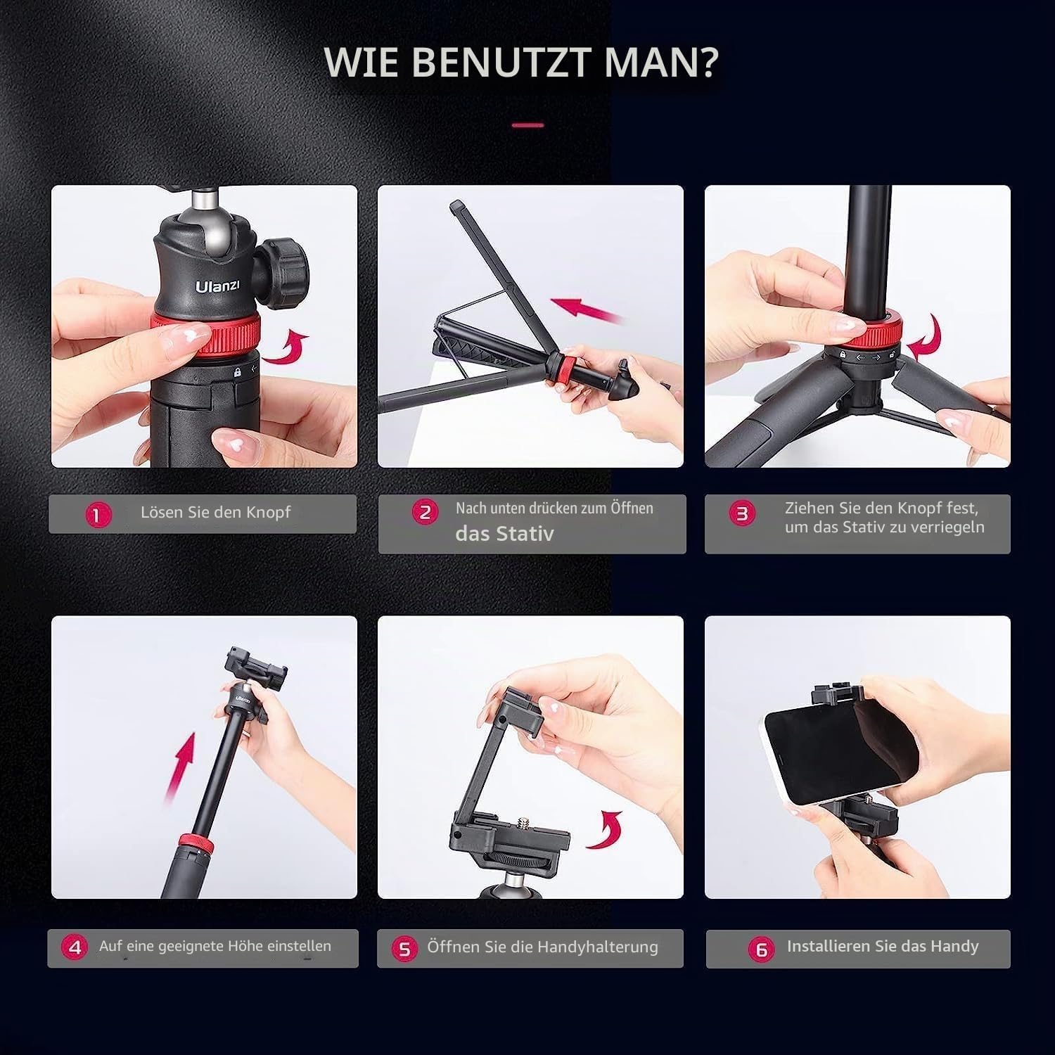 Detalle 2 de ULANZI MT-44 2-in-1 Stativ für Smartphone und Kamera – 147 cm, 360° Kugelkopf, Cold Shoe Halterung