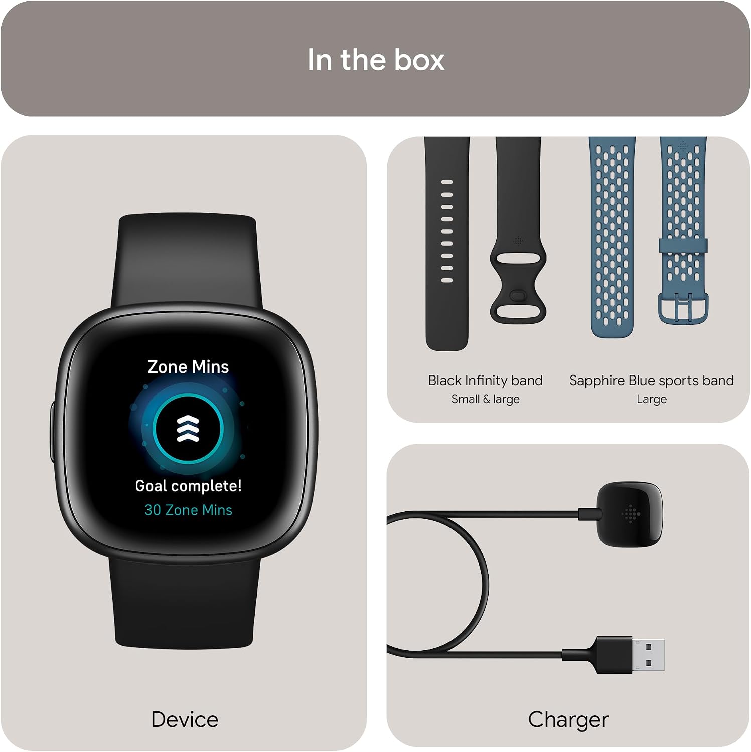 Detalle 2 de Fitbit Versa 4 Bundle (mit Sports Band): Fitness-Smartwatch mit GPS, bis zu 6 Tagen Akkulaufzeit