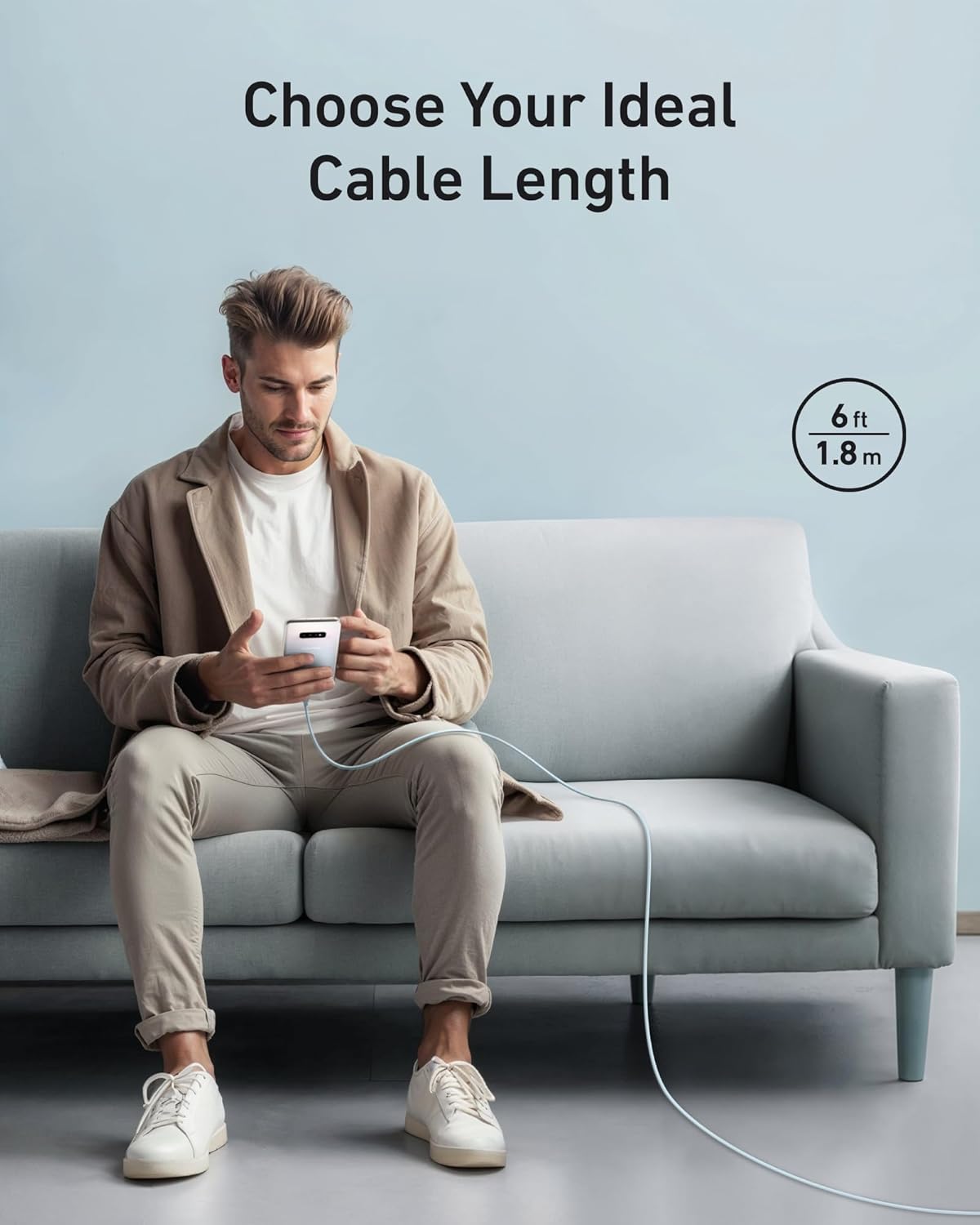 Detalle de Anker Type C Cable (6 ft) USB-A to USB-C Flow Cord – Fast Charging, Silicone, Blue
