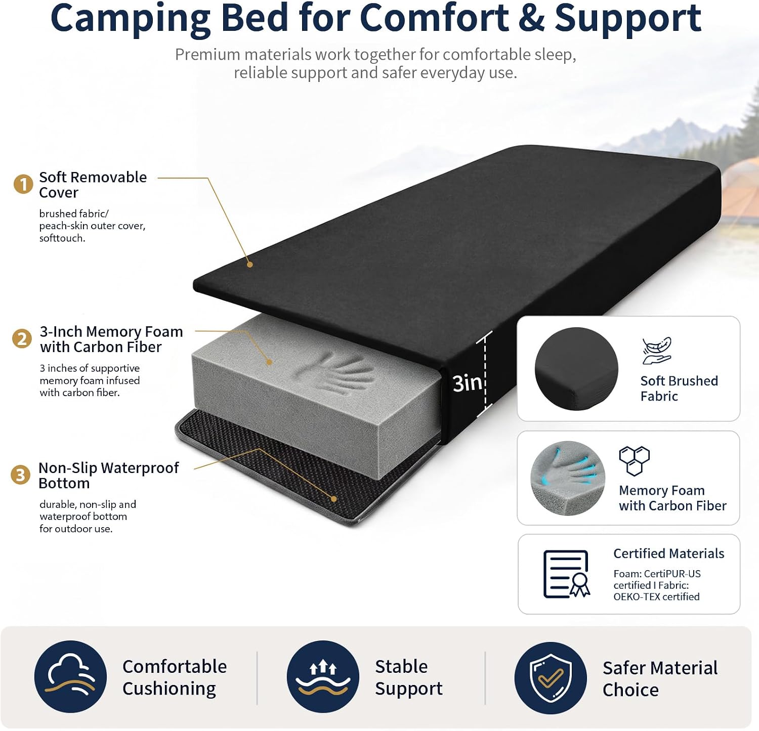 Detalle de CYMULA Memory Foam Camping Mattress Pad, 3-Inch Non-Slip Sleeping Pad