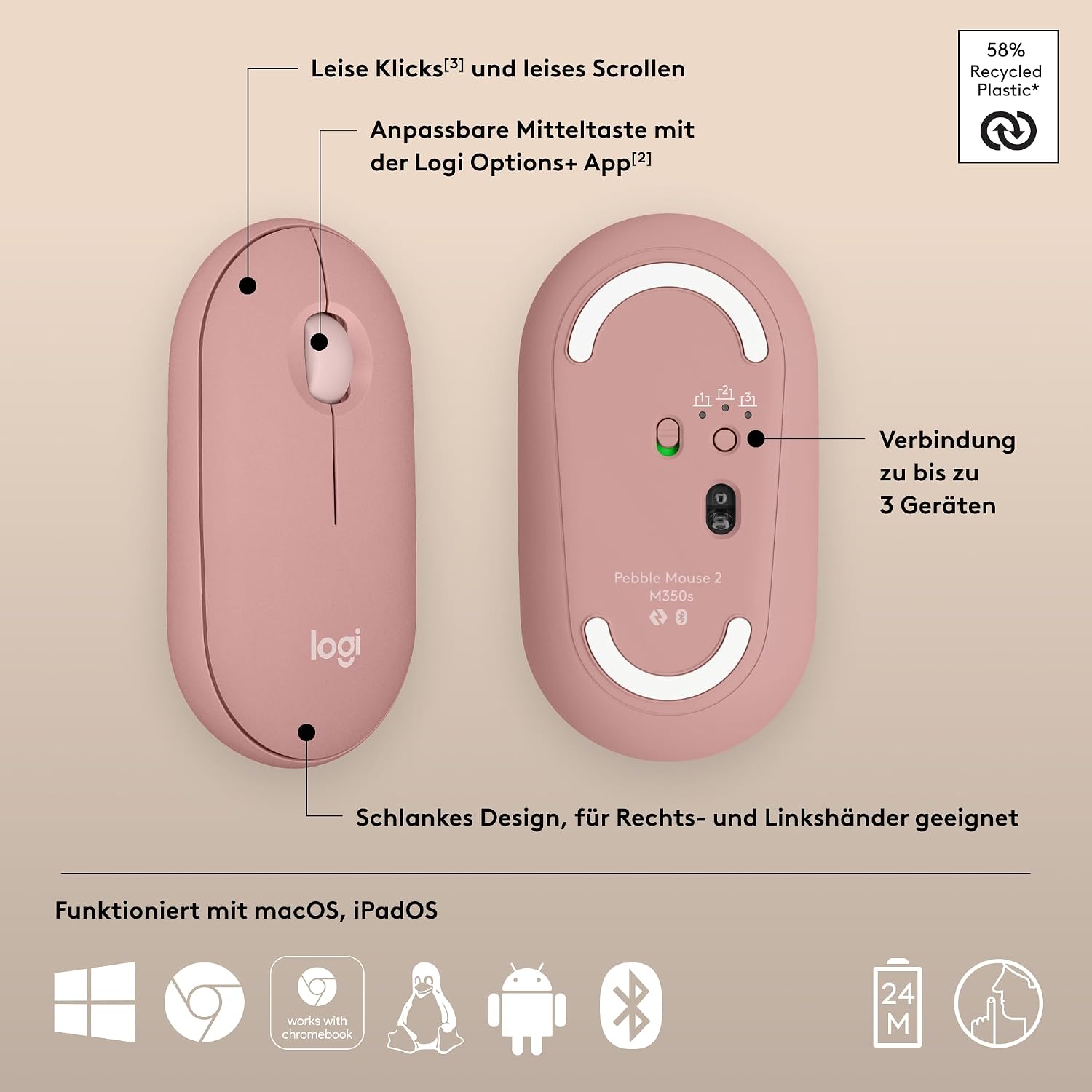 Thumbnail 6 de Logitech Pebble Mouse 2 M350s – schlanke Bluetooth-Maus rosa, leise und flexibel