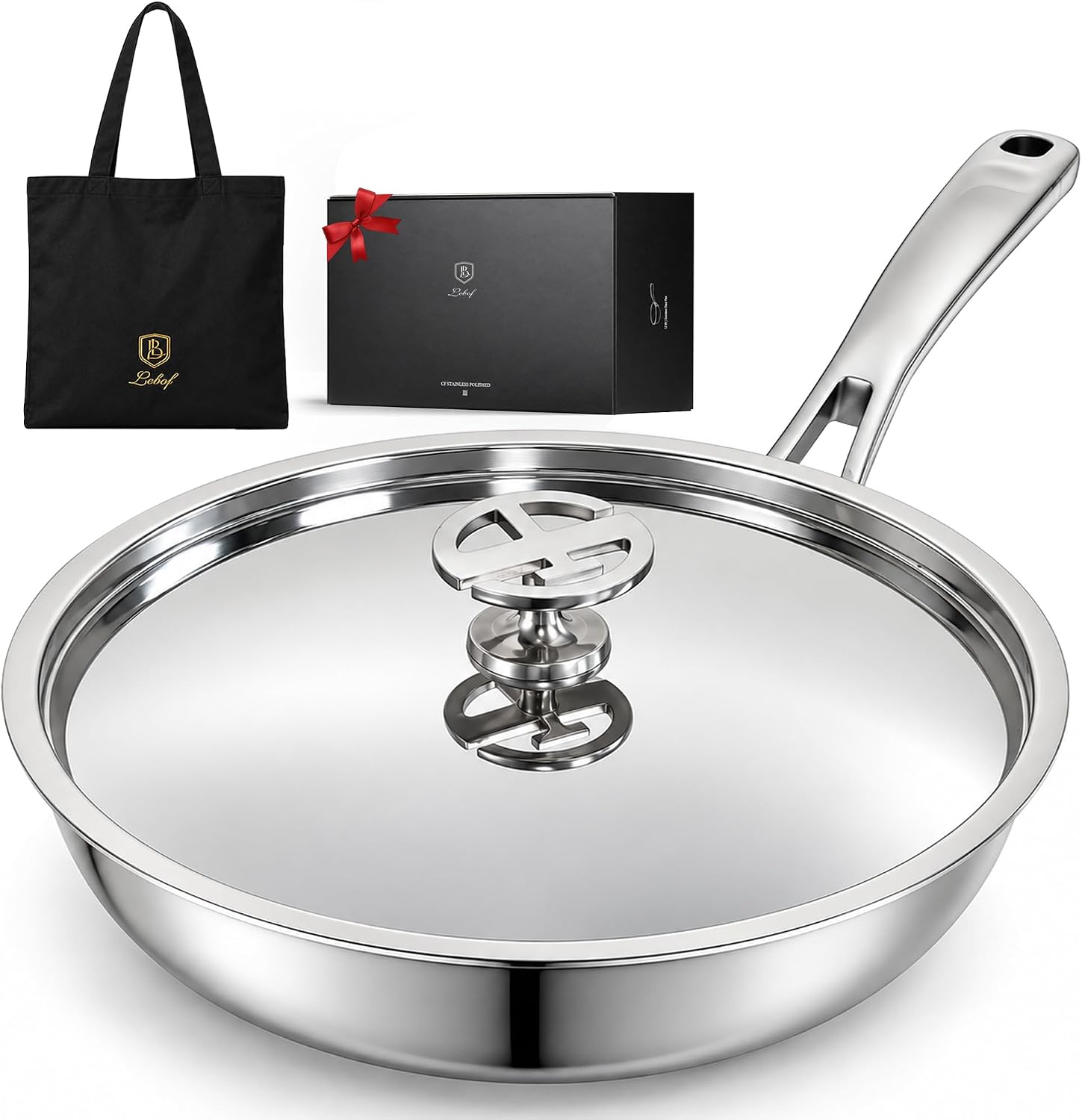 Detalle de Lebof 12 Inch Stainless Steel Pan with Lid (5-Ply Clad Base) — 800℉ Safe Frying Pan for Induction, Gas, Electric & Oven