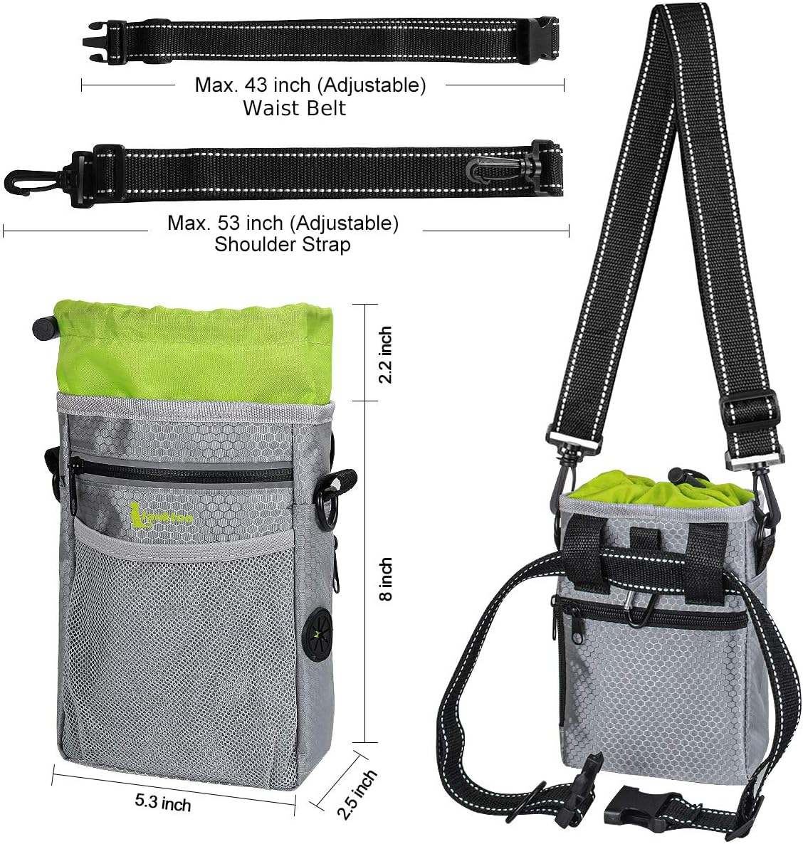 Detalle 2 de Lanktoo Dog Treat Pouch Bag with Poop Bag Holder (Grey+Green) – Waterproof, versatile walking companion