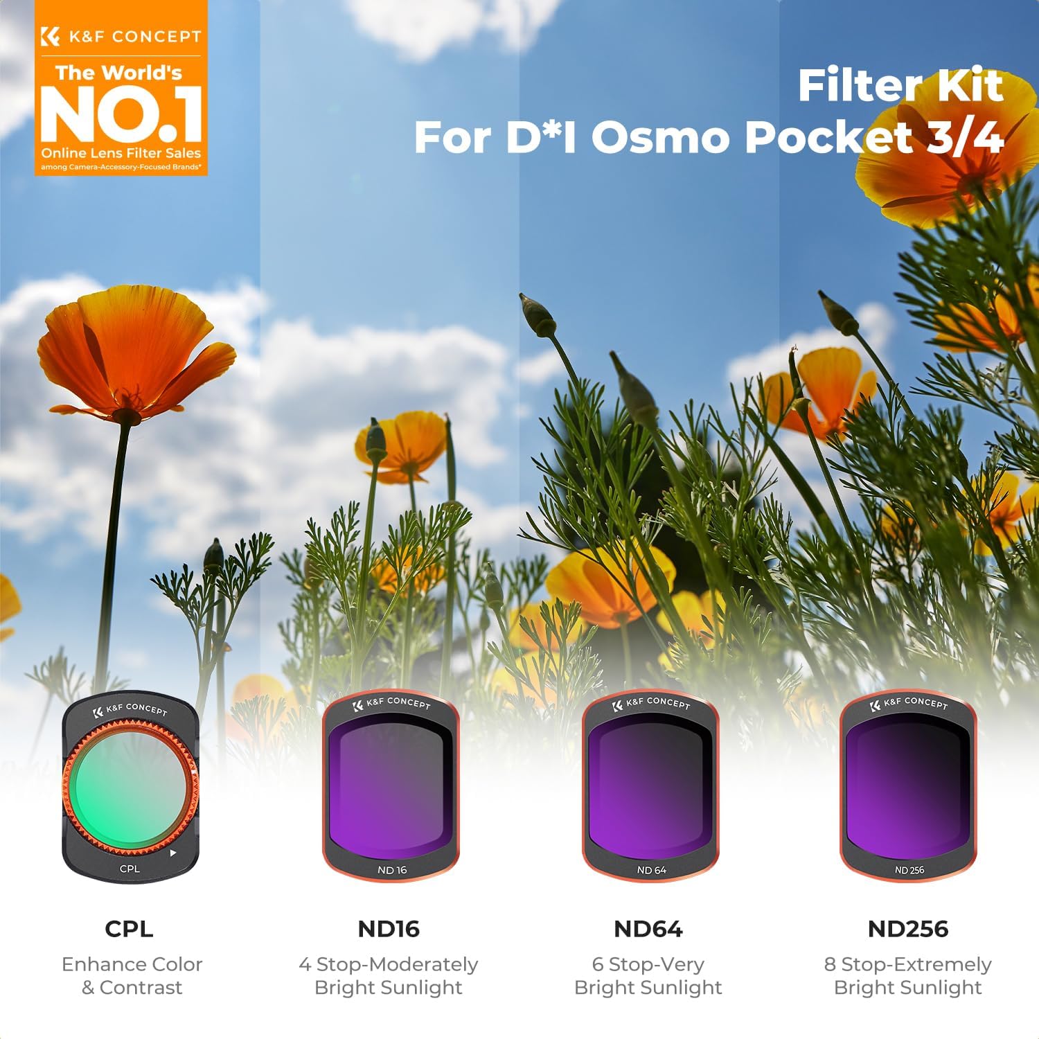 Thumbnail 1 de K&F CONCEPT HD CPL + ND16/ND64/ND256 Filter Kit for DJI Osmo Pocket 3 Creator Combo