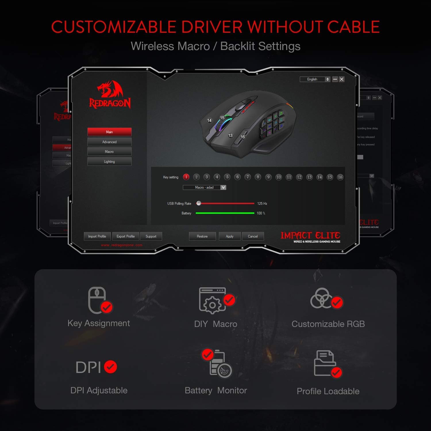 Thumbnail 3 de Redragon M913 Impact Elite – Mouse da gioco wireless 16.000 DPI con 20 tasti programmabili e doppia modalità 2,4 GHz/USB-C
