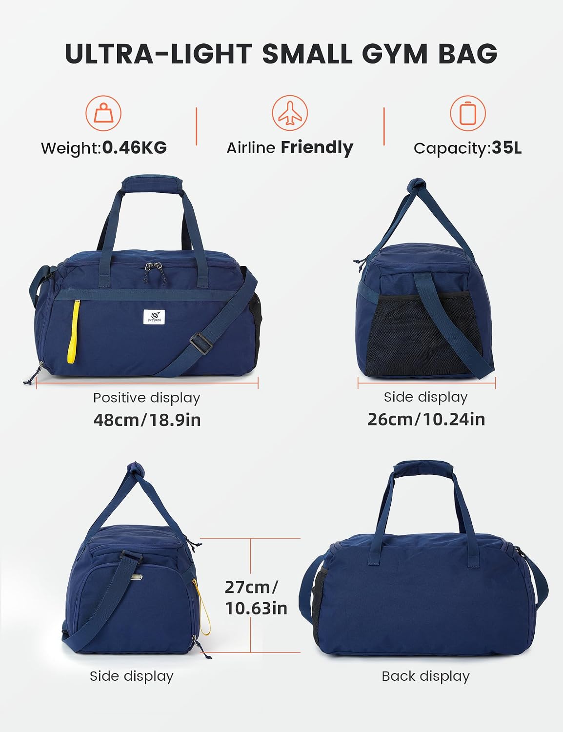 Detalle de SKYSPER 35L Sporttasche & Reisetasche mit Schuhfach und Nassfach – 48 x 26 x 27 cm, 35 L