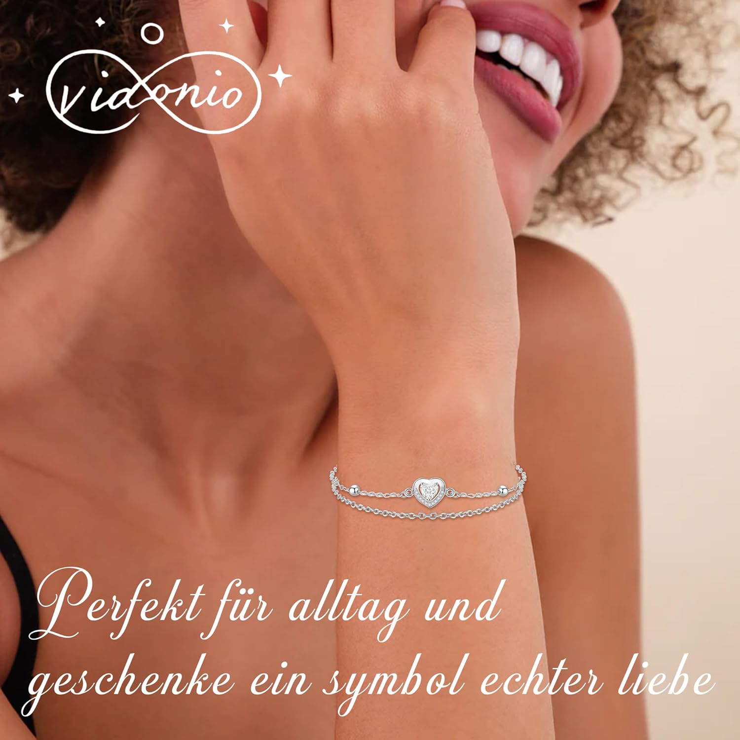 Thumbnail 4 de vidonio Layered Herz-Armband für Damen aus 925 Silber – verstellbar, mit Cubic-Zirkonia
