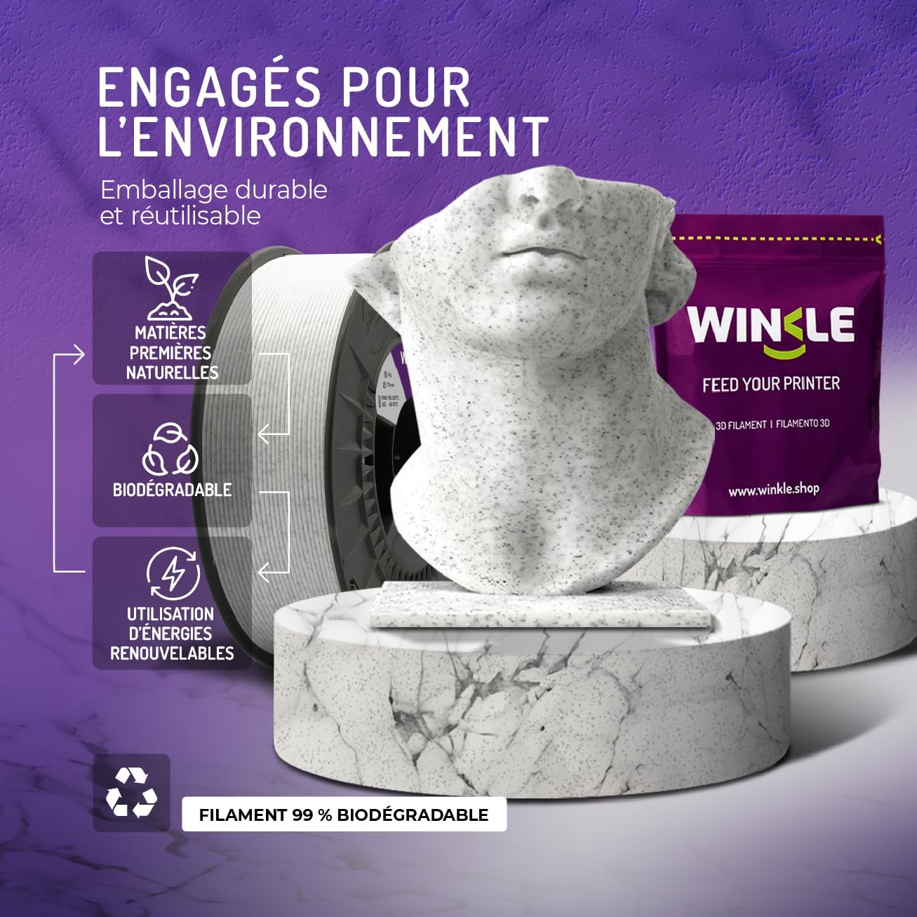 Thumbnail 5 de WINKLE Filament PLA HD Texturé Marbre 1 kg 🧵