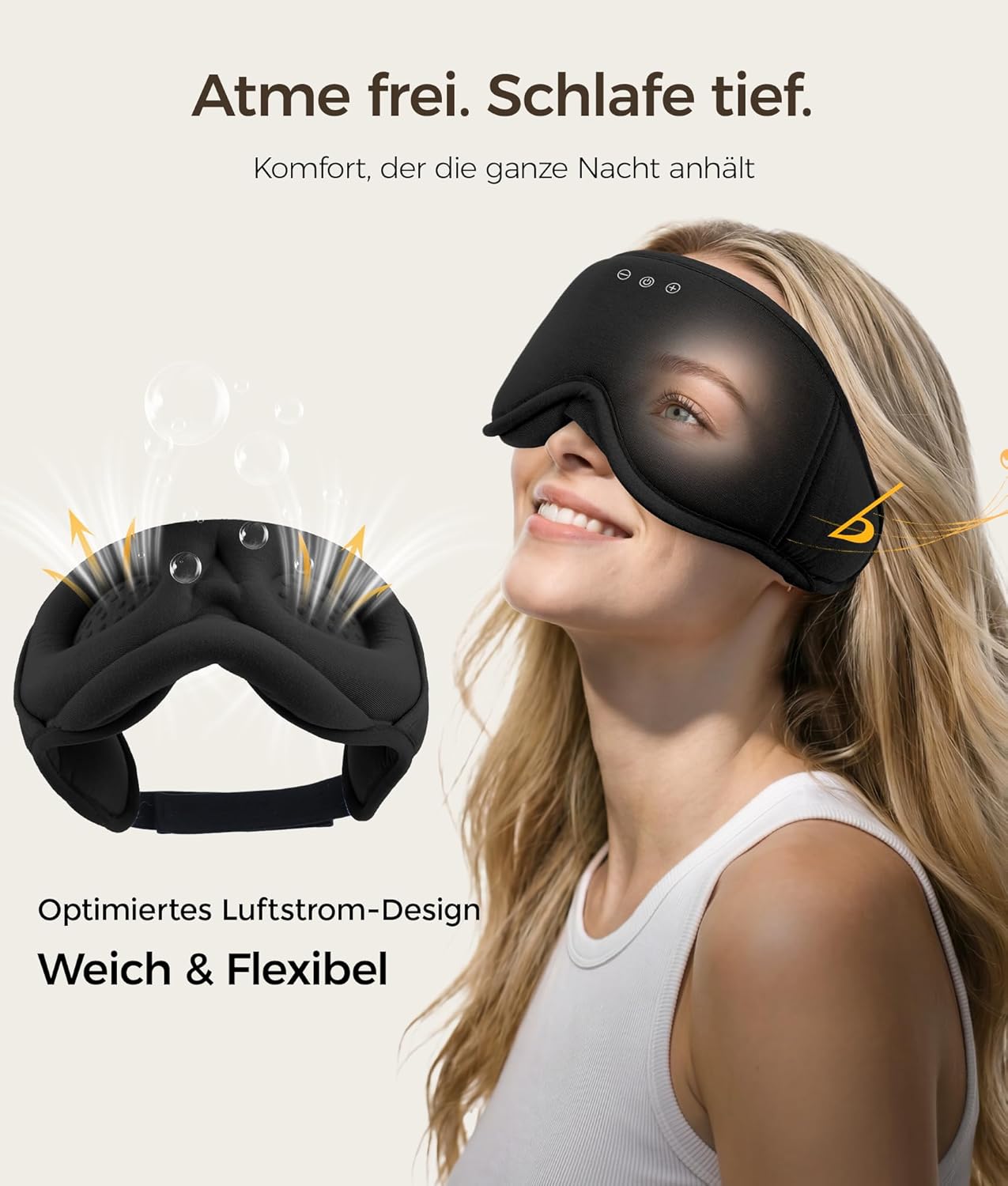 Detalle de LOVE EYE Bluetooth Schlafmaske mit Kopfhörern – 3D Augenmaske für Seitenschläfer, ultradünne Lautsprecher, Verdunkelung, Bamboo‑Baumwolle