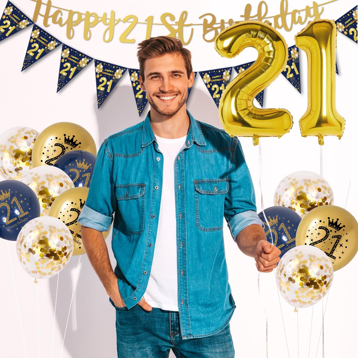 Thumbnail 6 de 21st Birthday Decorations for Men (Blue & Gold) – Banner, Foil Balloon, Confetti Balloons & More