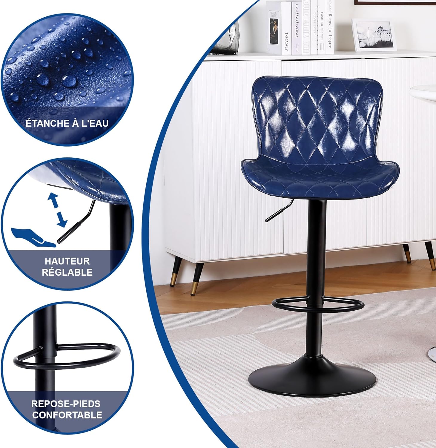 Detalle de Youhauchair Tabouret Bar Lot de 2 en Cuir Imperméable – Hauteur Réglable, Pivotants, Dossier et Repose-Pieds, Bleu