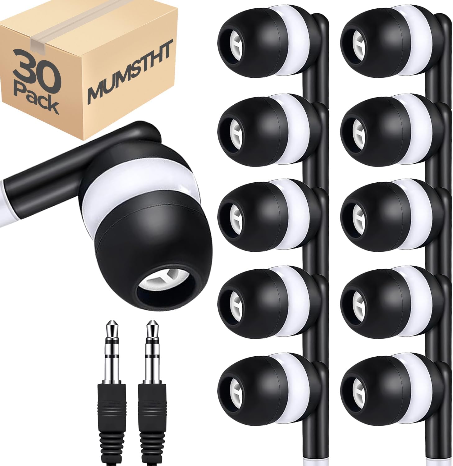 Detalle de MUMSTHT YS101 Kids Wired Earbuds, 30-Pack, Black with 3.5 mm Plug