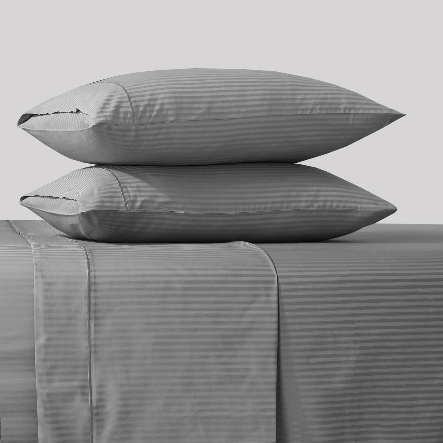Thumbnail 1 de Feather & Stitch 500 TC King Size Damask Bed Sheet Set (Grey Stripe) — 100% Cotton Sateen, 18" Deep Pockets