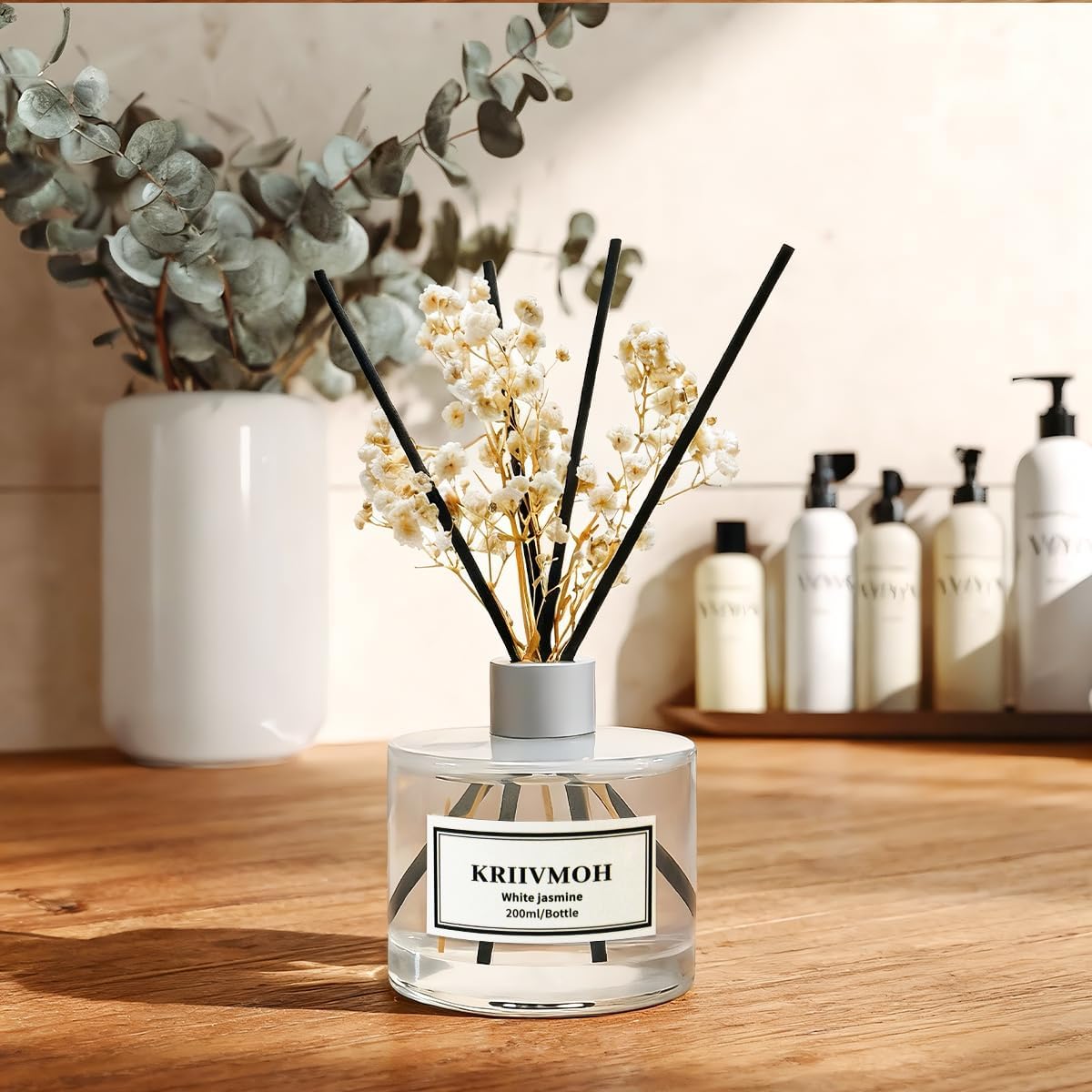 Detalle de KRIIVMOH geurverspreider met witte jasmijn, 200 ml en 8 geurstokjes
