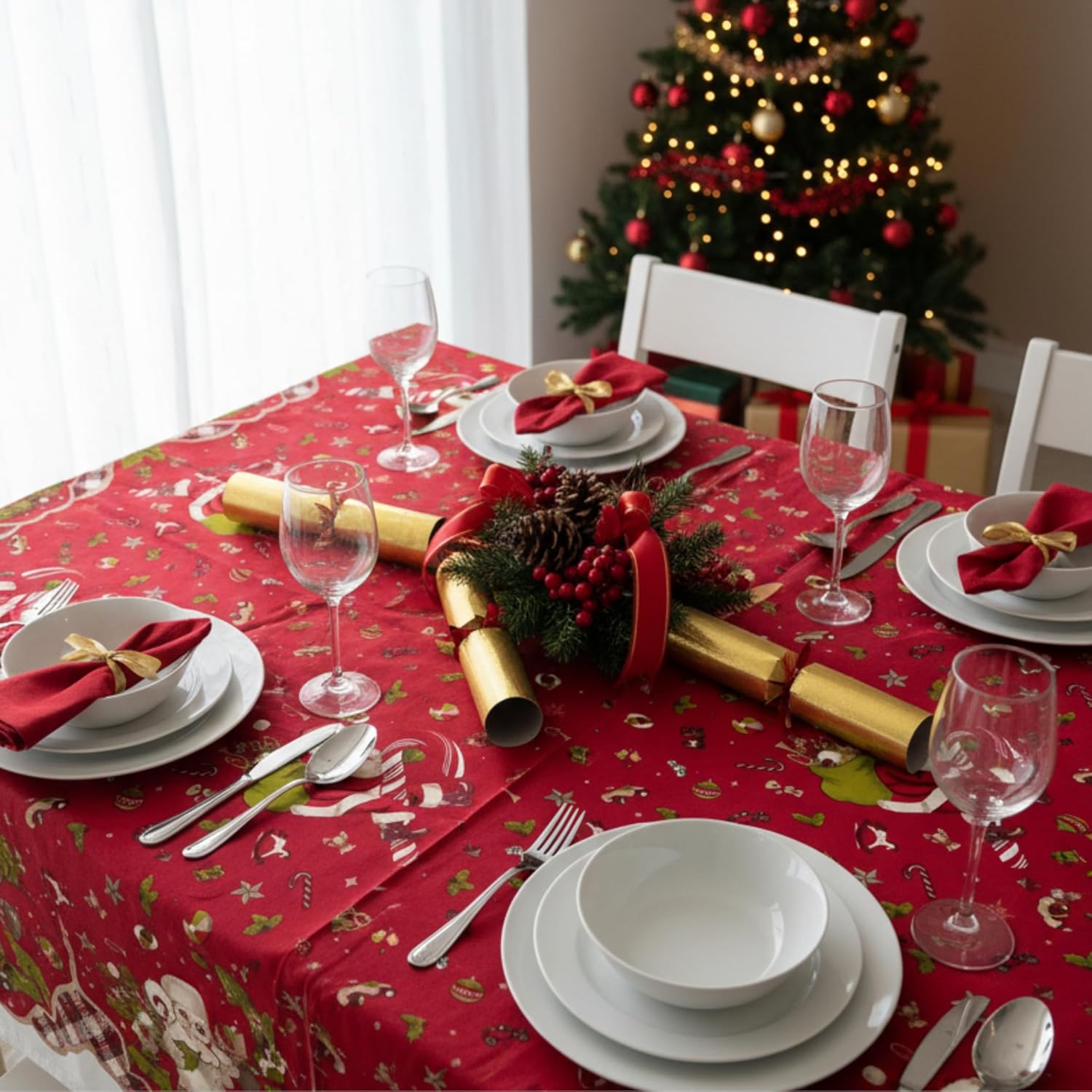 Thumbnail 6 de Nappe de Noël o-day rectangulaire en coton ou polyester — 12 places 140x240 cm, Rouge • Magie des Cadeaux, fabriquée en Italie