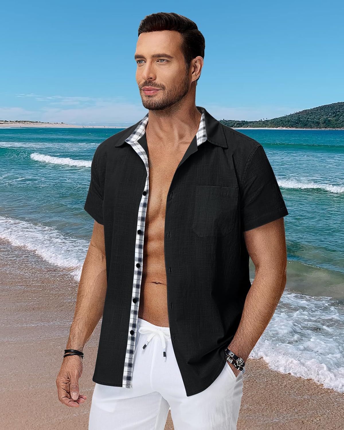 Detalle de HMIYA Herren Kurzarm Hemd aus 100% Baumwolle – Button Down, Sommer, Regular Fit