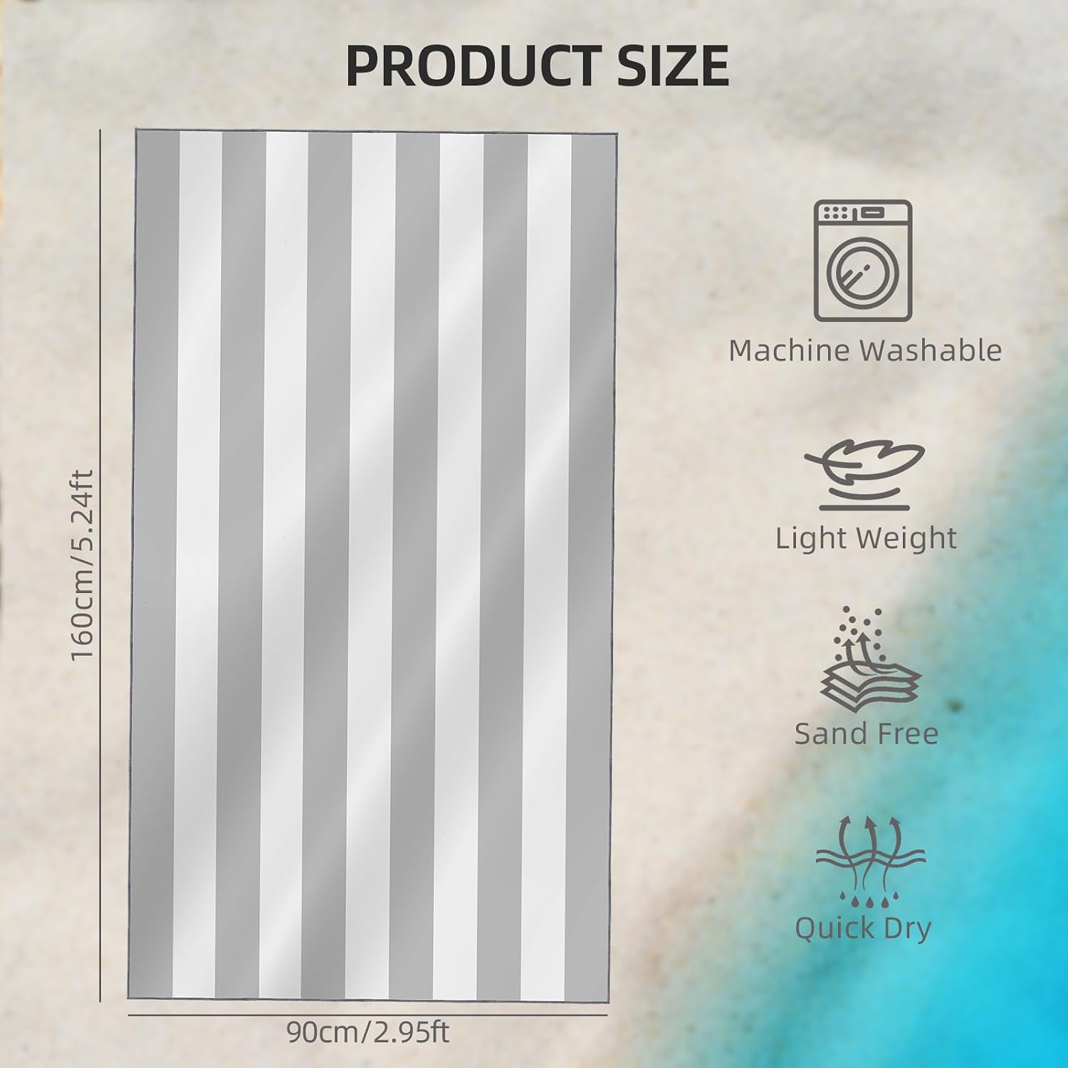 Detalle de CNMTCCO Large Beach Towel for Adults (160x90cm) in Light Grey – quick-dry microfibre with sand-free design and bag