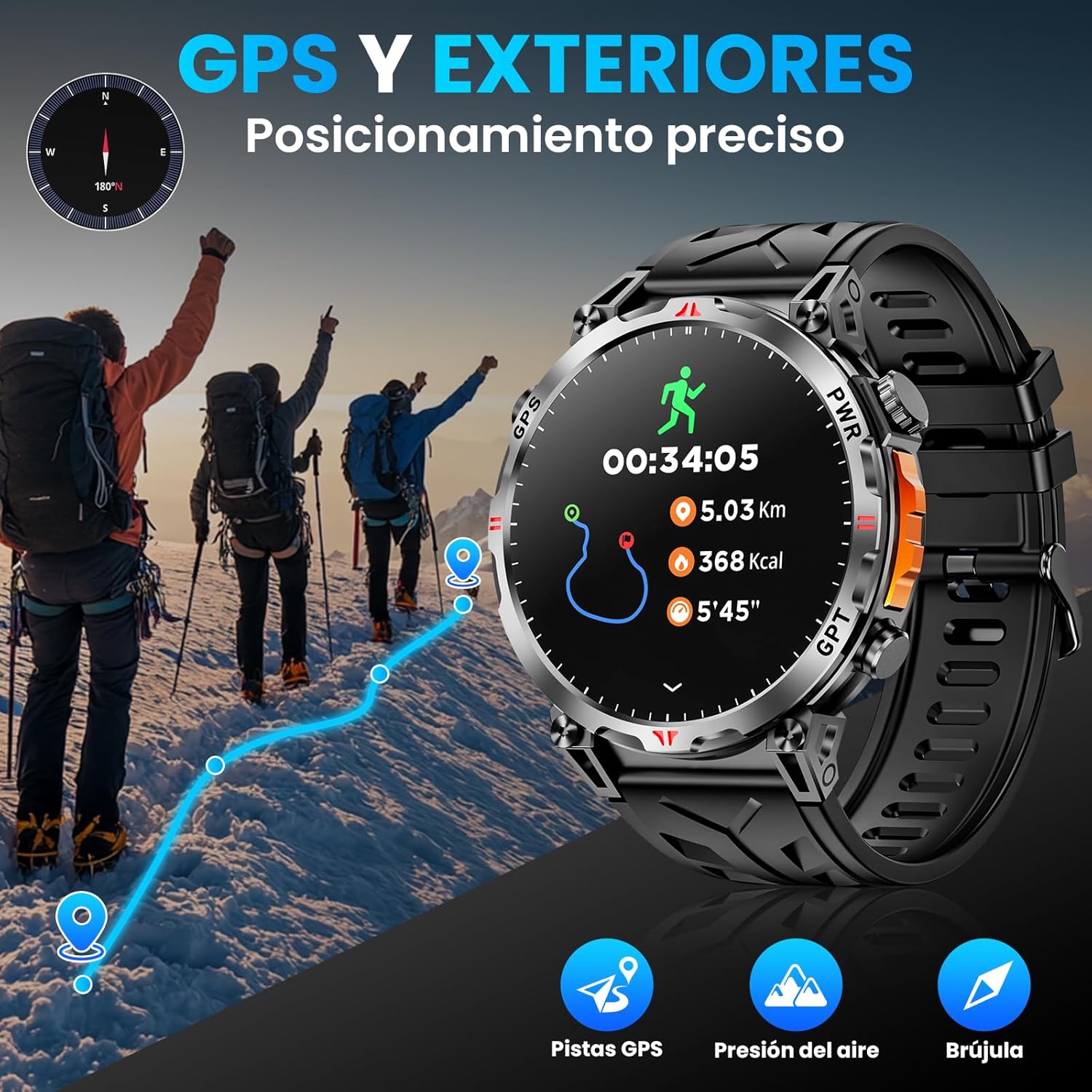 Thumbnail 1 de Mingdaln orologio intelligente militare con GPS, bussola e display AMOLED da 1,56” (GPT, Android e iOS) – Nero