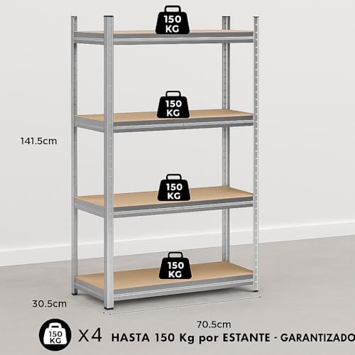Thumbnail 2 de T-LOVENDO - Estantería metálica multiusos galvanizada con 4 baldas ajustables (140 x 70 x 30 cm)