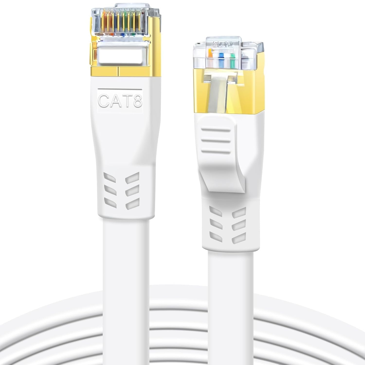 Detalle de DDMALL CAT 8 Ethernet Cable, 2m (2 Pack) – Flat, High Speed 40 Gbps, 2000 MHz, Gold-Plated RJ45, STP Shielded