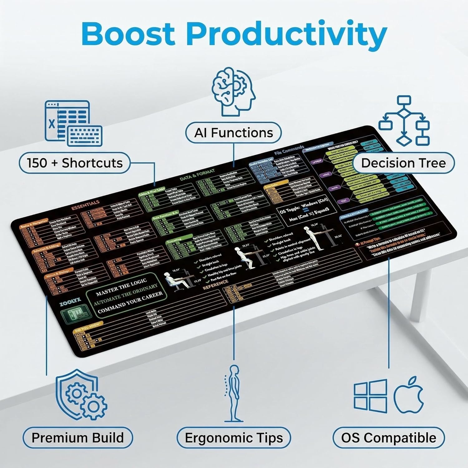 Thumbnail 4 de Zoolyx Excel Cheat Sheet Desk Mat (80x30cm) with Shortcuts, XLOOKUP Guide and AI Prompt Tips