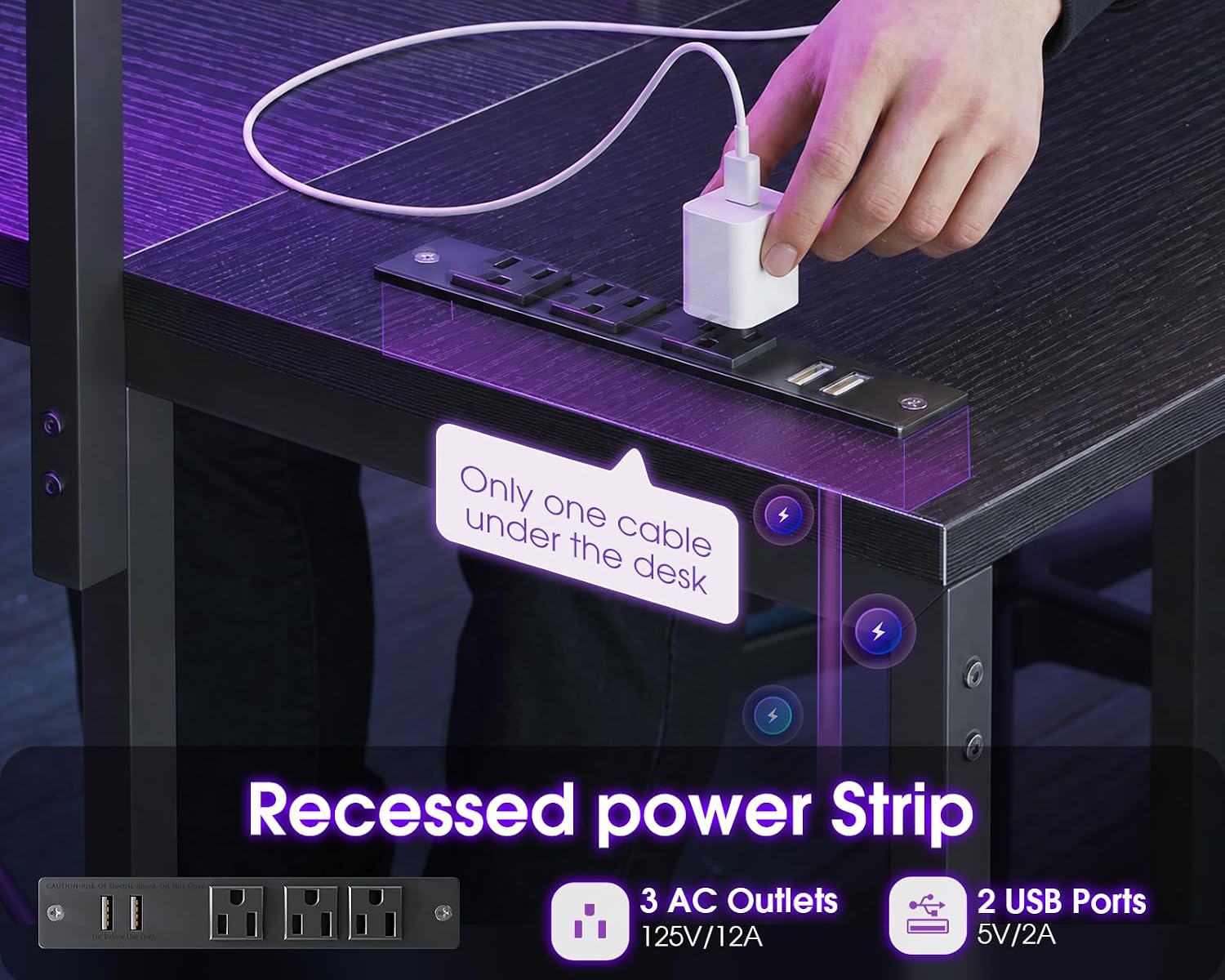Detalle 1 de AODK 51" L-Shaped Gaming Desk with LED Lights, 4 Drawers & USB Ports