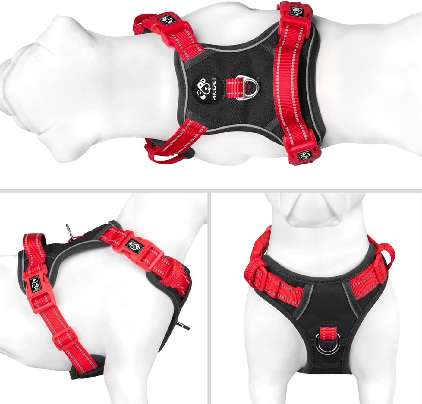 Thumbnail 1 de PHOEPET No-Pull Escape Proof Adjustable Dog Harness with Reflective Straps and Control Handle (Black Base & Red Straps, S)