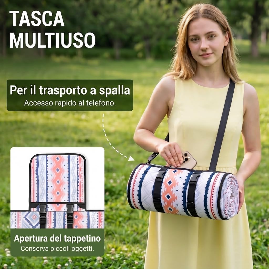 Detalle 2 de Wolfwise Telo Picnic Impermeabile 200x200 cm – Stuoia Campeggio Pieghevole con Cinghie Regolabili e Tracolla, Blu