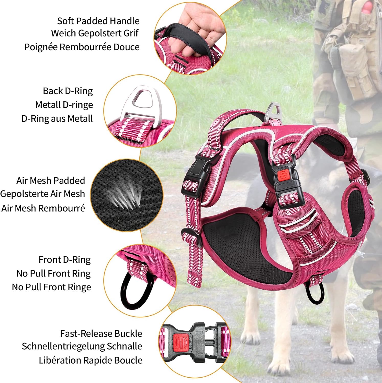 Detalle de HEELE Hundegeschirr Gr. L – verstellbares Brustgeschirr mit reflektierenden Streifen, Quick-Snap-Verschluss, offener Halsbereich, Fuchsia