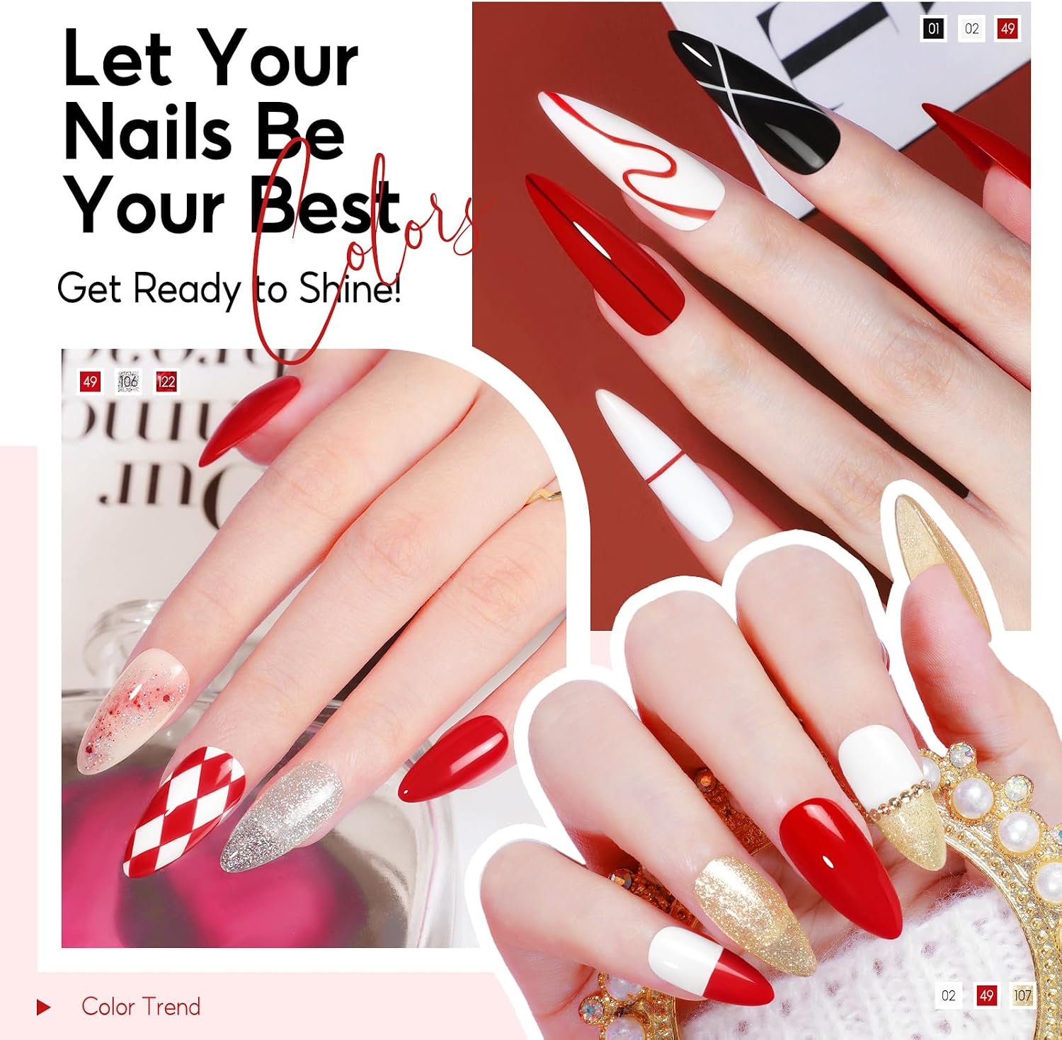 Detalle de PEACECOLOR set de vernis semi-permanent UV 6 couleurs : blanc, rouge, noir, argent et doré (10 ml)
