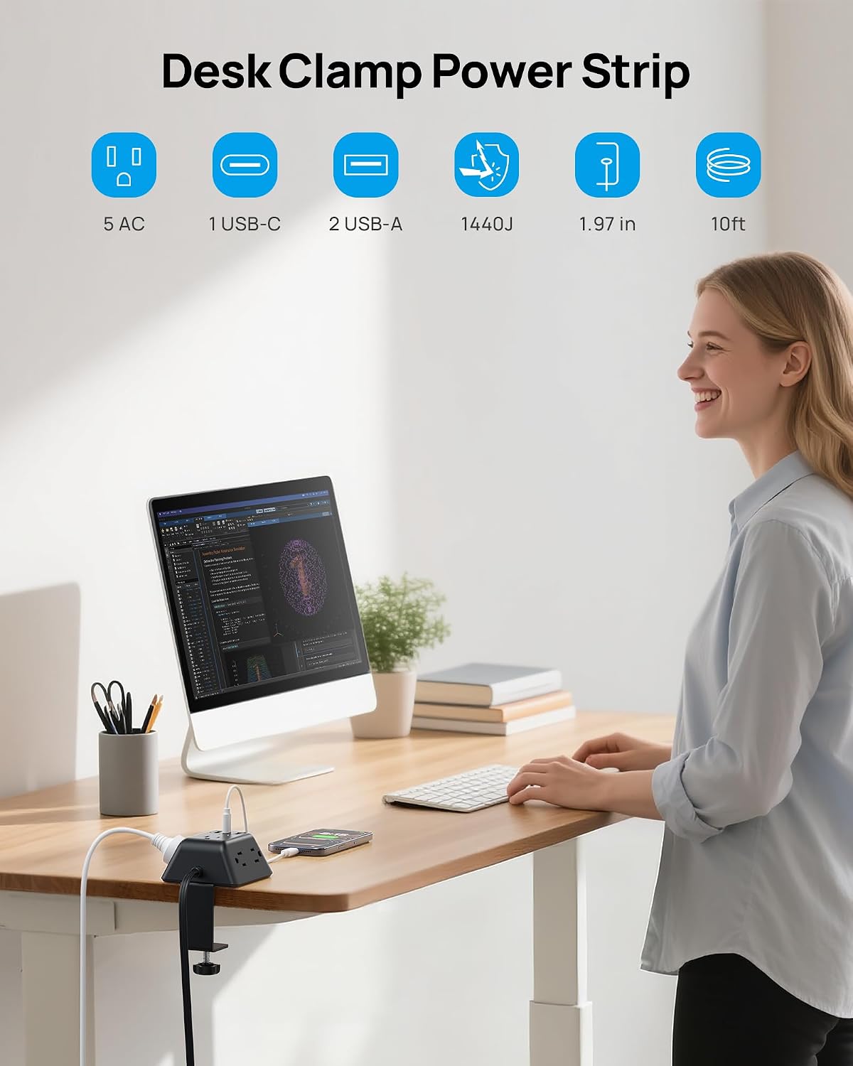 Detalle de TROND TD-PS-US16C Desk Clamp Power Bar with 5 AC Outlets and 3 USB Ports
