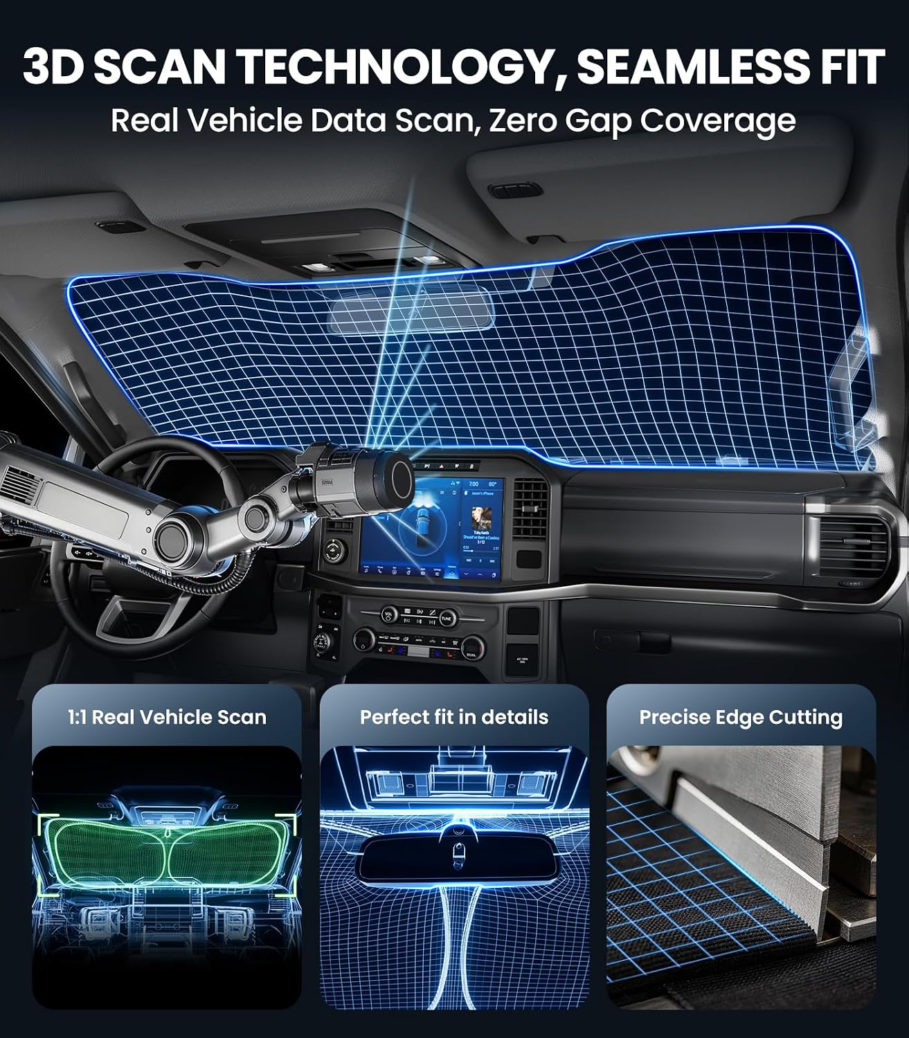 Detalle de Zanch Large Windshield Sun Shade for Chevrolet Silverado 1500 (2019-2026) – 7-Layer UV & Heat Block, 3D Laser Custom Fit