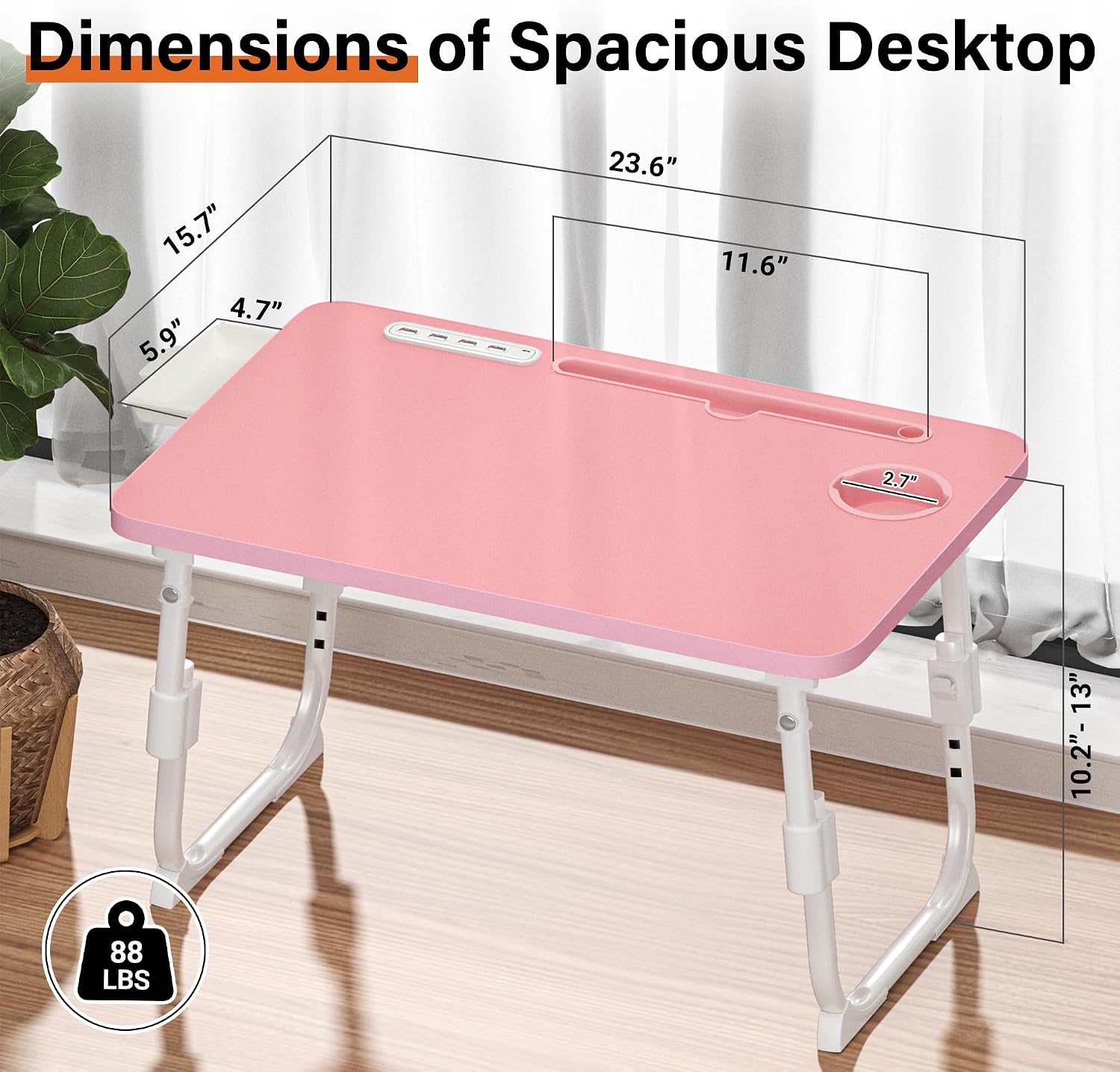 Detalle 2 de DECOSIS FOP-BD-PK Adjustable Lap Desk, 23.6 x 15.7-Inch Top, Pink