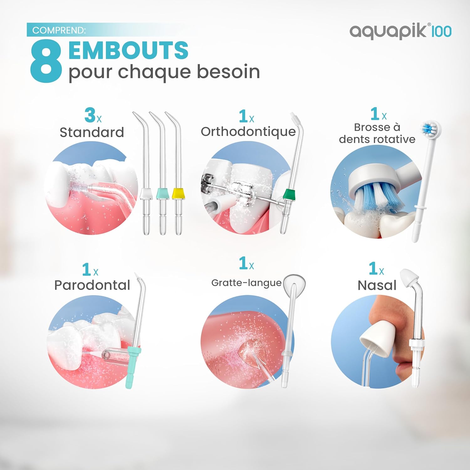 Detalle de Aquapik Hydropulseur – Water Flosser avec 8 embouts et 10 niveaux de pression