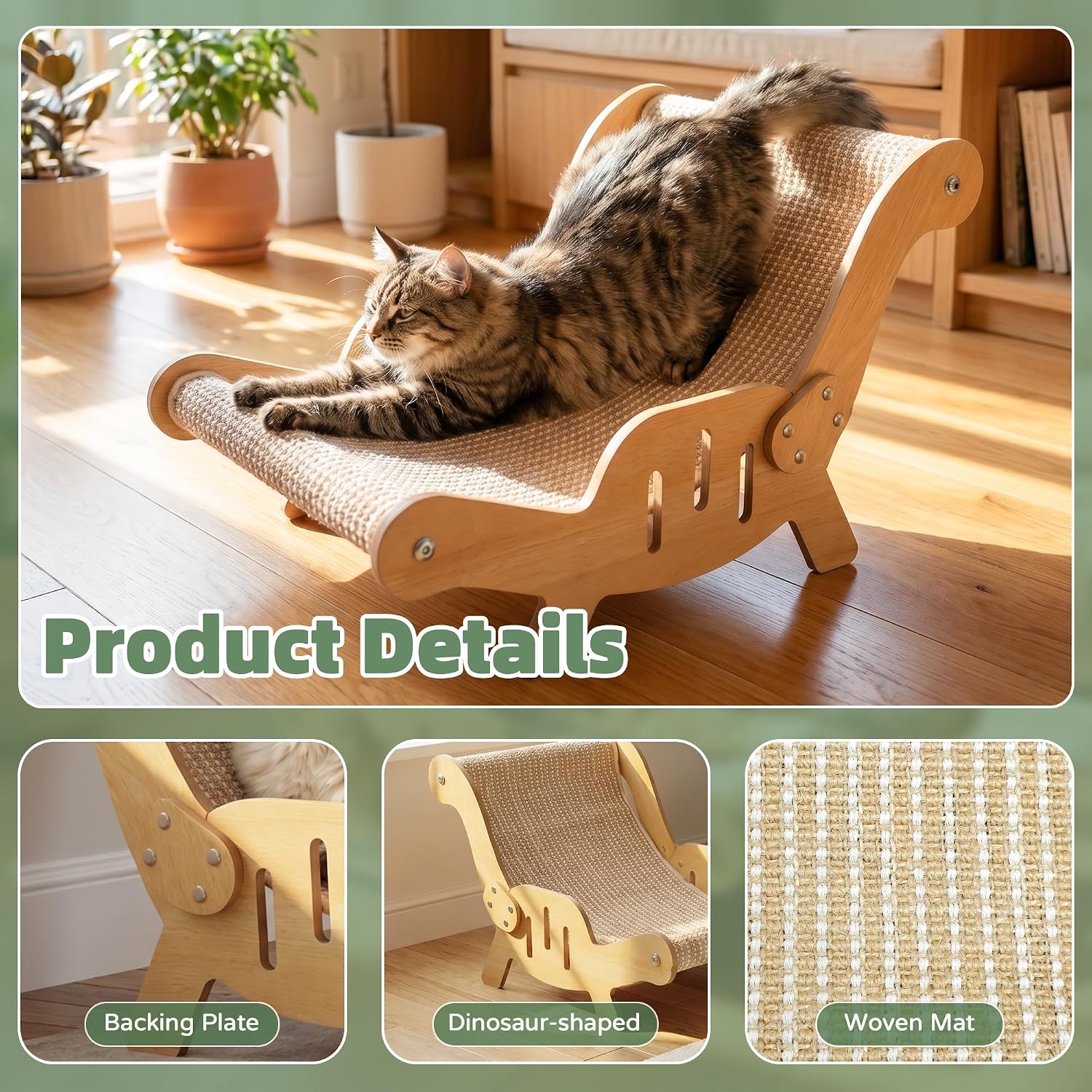 Detalle de Sisal Cat Scratching Board & Beech Wood Lounger: 2-in-1 Cat Scratcher Bed